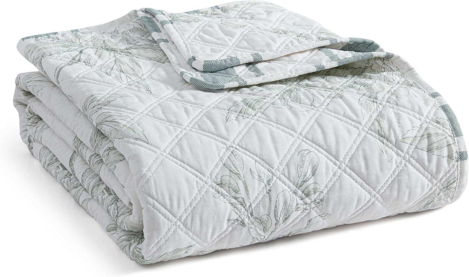 imageMartha Stewart Queen Size Blanket UltraSoft Plush Fleece Throw Blanket with DoubleNeedle Stitching 350 GSM Medium Weight Bedding for Bed or Couch Bedford Solid BlueVine Flora Green