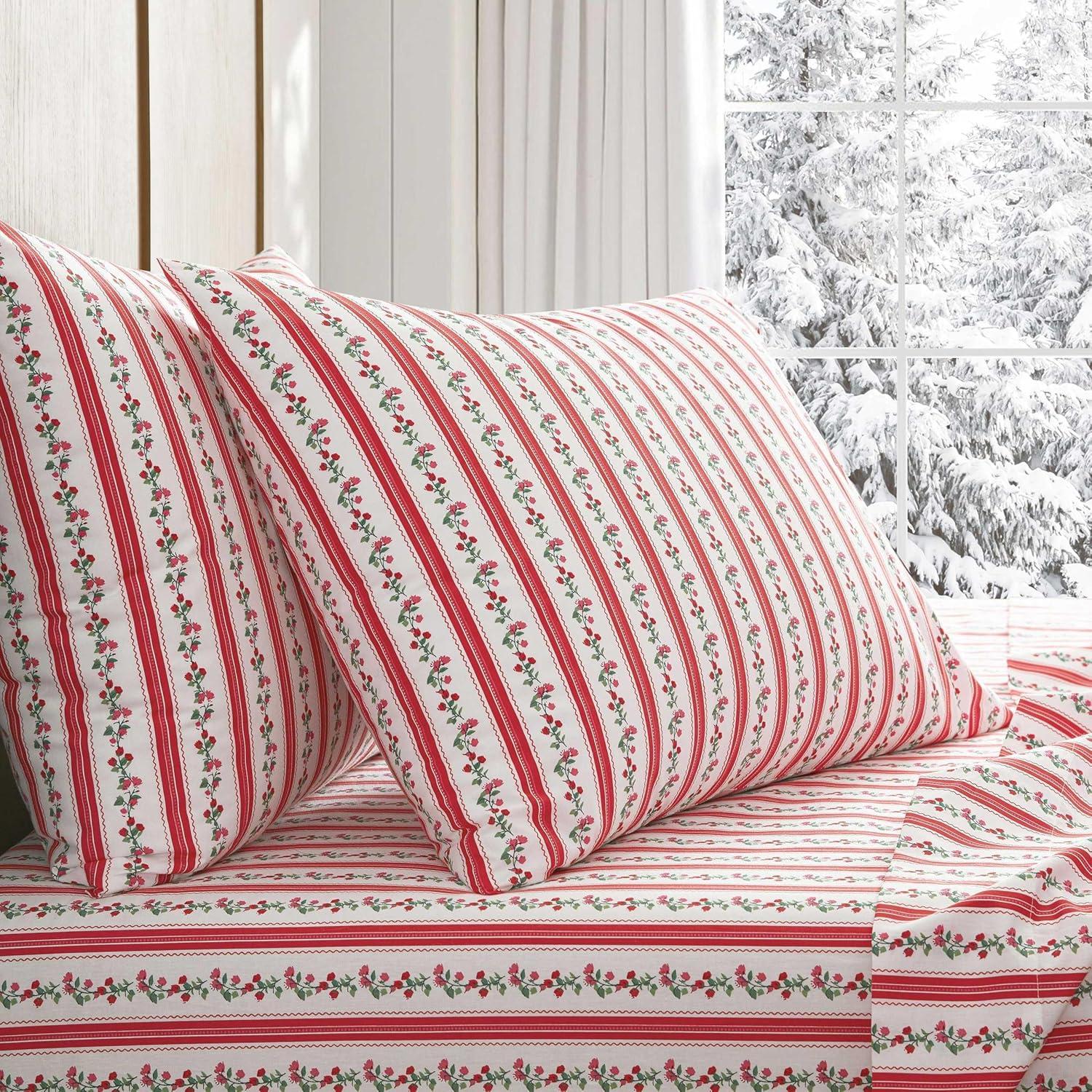 imageMartha Stewart Queen Size Sheets Set Crisp amp Tailored Cooling Sheets wa Naturally Smooth Cotton Percale Lightweight Feel Bed Sheets with Matching Pillowcases amp Fitted Sheet Floral WhiteRose Ribbon Red