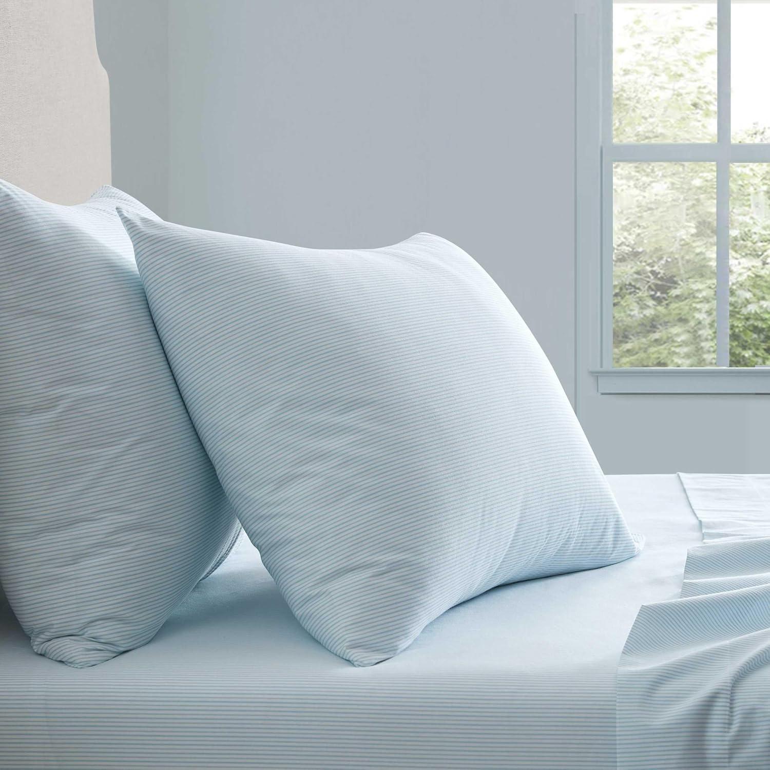imageMartha Stewart Queen Size Sheets Set Crisp amp Tailored Cooling Sheets wa Naturally Smooth Cotton Percale Lightweight Feel Bed Sheets with Matching Pillowcases amp Fitted Sheet Floral WhiteStripe Blue