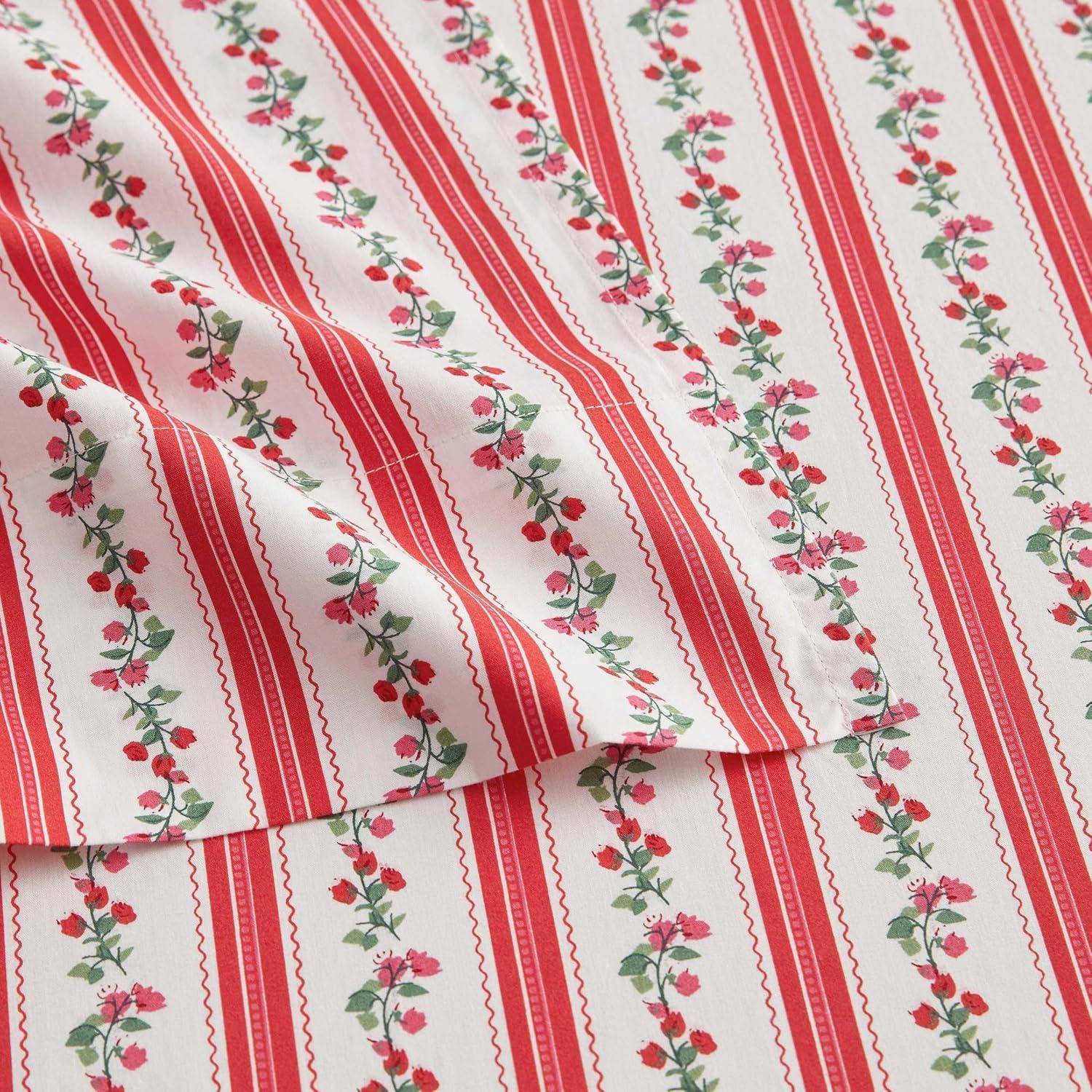 imageMartha Stewart Queen Size Sheets Set Crisp amp Tailored Cooling Sheets wa Naturally Smooth Cotton Percale Lightweight Feel Bed Sheets with Matching Pillowcases amp Fitted Sheet Floral WhiteRose Ribbon Red
