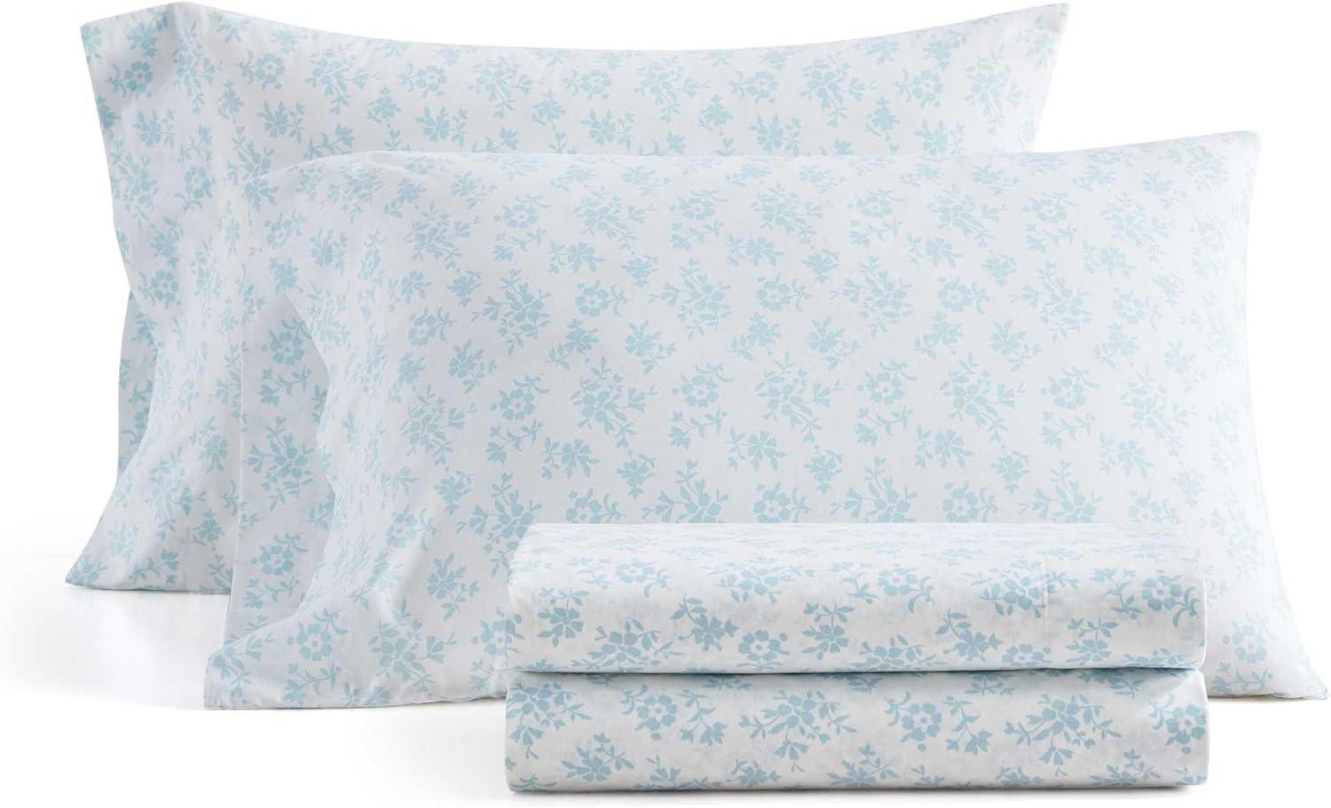 imageMartha Stewart Queen Size Sheets Set Crisp amp Tailored Cooling Sheets wa Naturally Smooth Cotton Percale Lightweight Feel Bed Sheets with Matching Pillowcases amp Fitted Sheet Floral WhiteFloral Blue