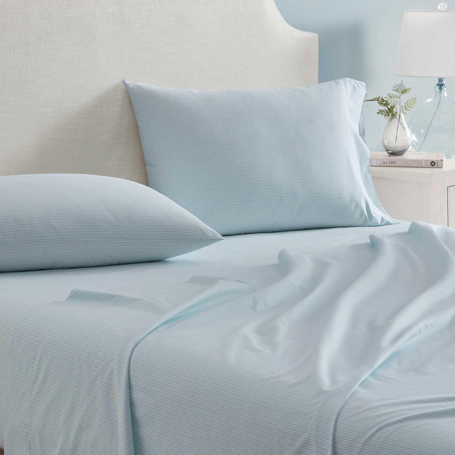 imageMartha Stewart Queen Size Sheets Set Crisp amp Tailored Cooling Sheets wa Naturally Smooth Cotton Percale Lightweight Feel Bed Sheets with Matching Pillowcases amp Fitted Sheet Floral WhiteStripe Blue