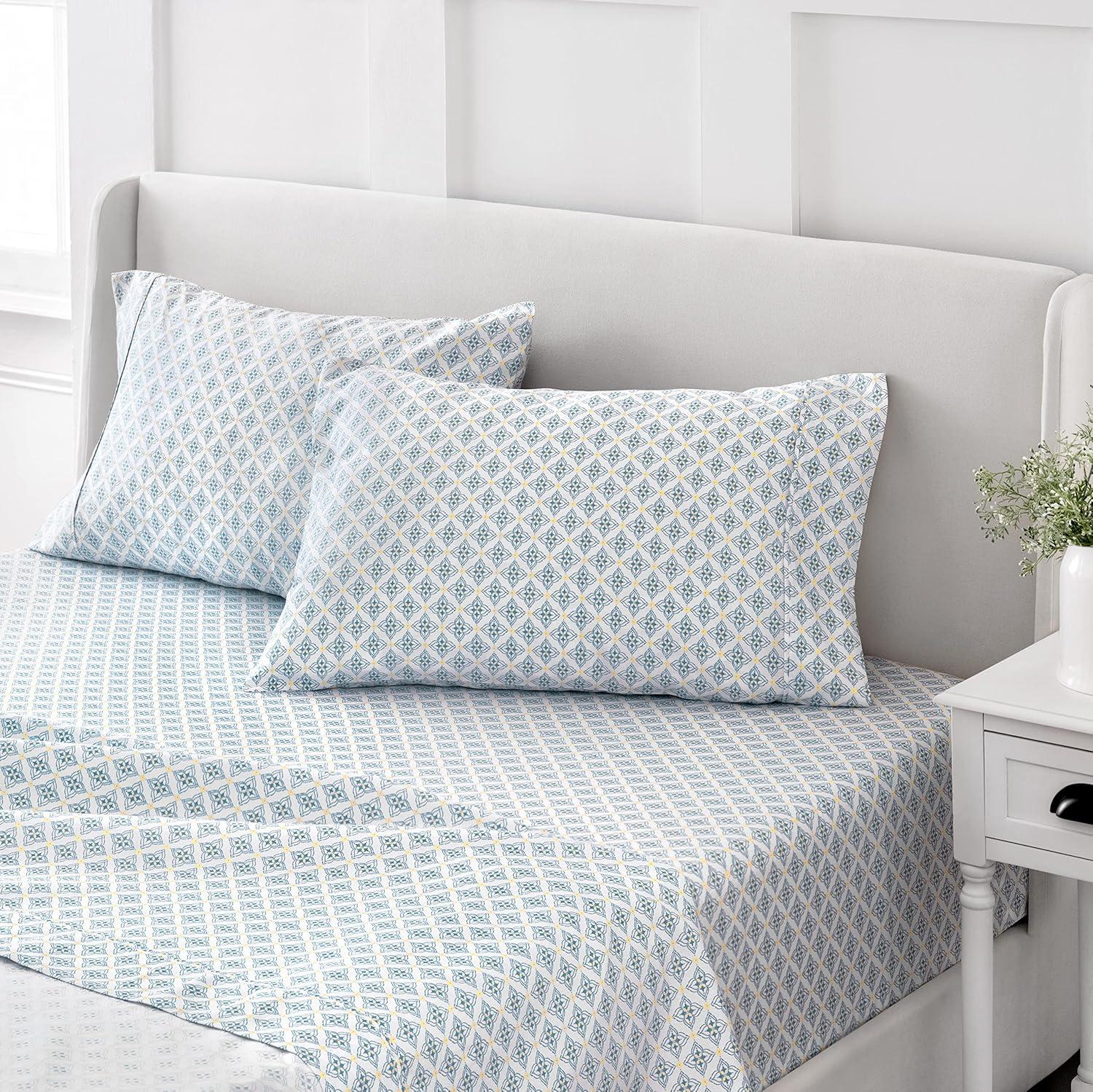 imageMartha Stewart Queen Size Sheets Set Crisp amp Tailored Cooling Sheets wa Naturally Smooth Cotton Percale Lightweight Feel Bed Sheets with Matching Pillowcases amp Fitted Sheet Floral WhiteOtto Geometric Light Blue