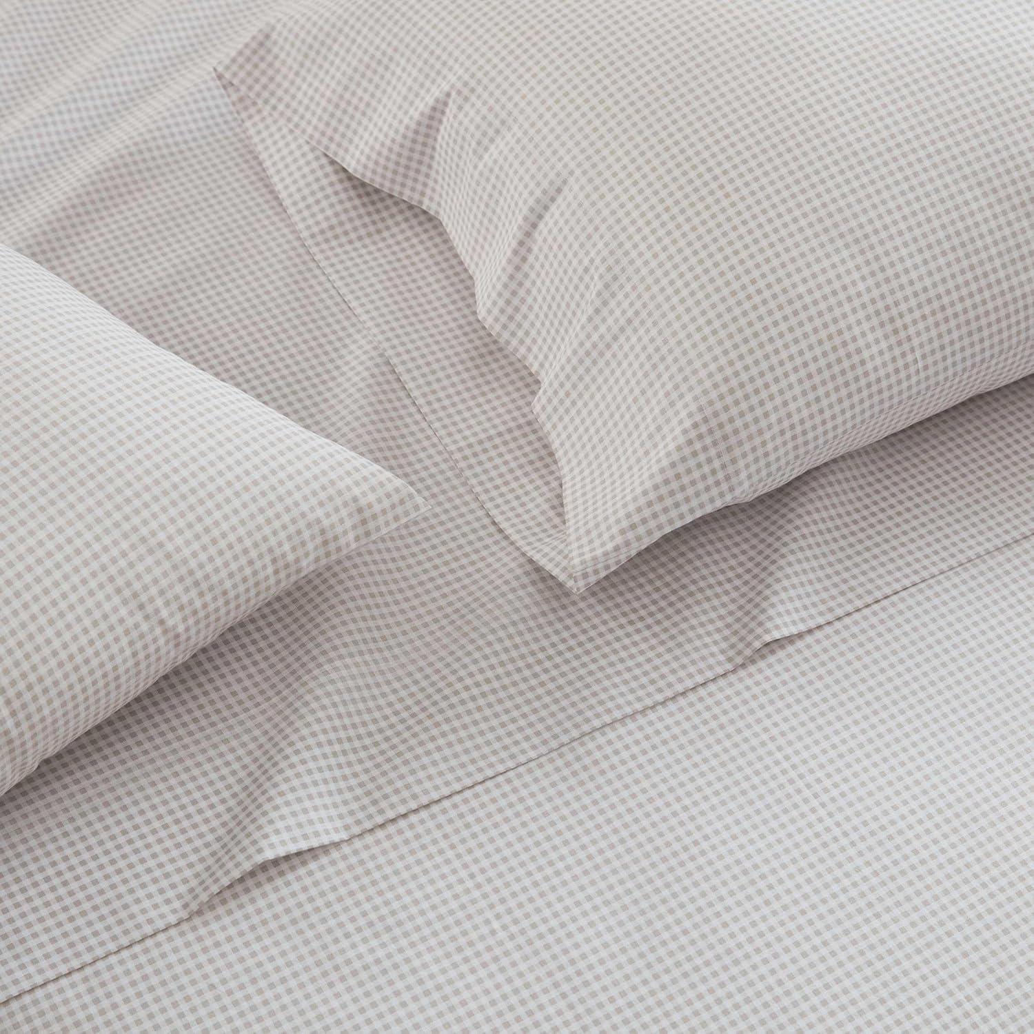 imageMartha Stewart Queen Size Sheets Set Crisp amp Tailored Cooling Sheets wa Naturally Smooth Cotton Percale Lightweight Feel Bed Sheets with Matching Pillowcases amp Fitted Sheet Floral WhiteGingham Beige