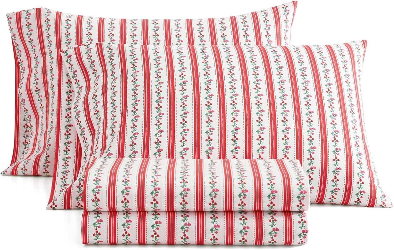 imageMartha Stewart Queen Size Sheets Set Crisp amp Tailored Cooling Sheets wa Naturally Smooth Cotton Percale Lightweight Feel Bed Sheets with Matching Pillowcases amp Fitted Sheet Floral WhiteRose Ribbon Red