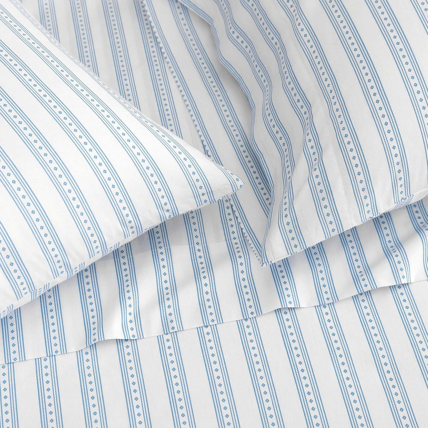 imageMartha Stewart Queen Size Sheets Set Crisp amp Tailored Cooling Sheets wa Naturally Smooth Cotton Percale Lightweight Feel Bed Sheets with Matching Pillowcases amp Fitted Sheet Floral WhiteFrancesca Stripe Blue