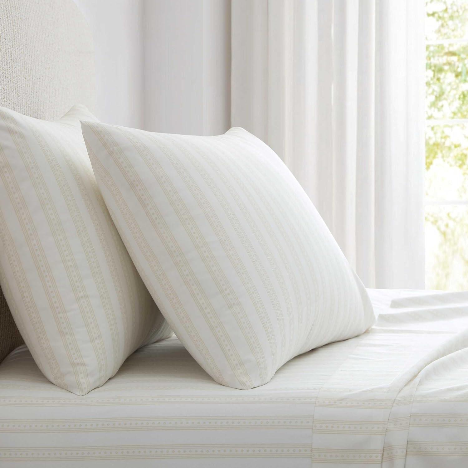 imageMartha Stewart Queen Size Sheets Set Crisp amp Tailored Cooling Sheets wa Naturally Smooth Cotton Percale Lightweight Feel Bed Sheets with Matching Pillowcases amp Fitted Sheet Floral WhiteFrancesca Stripe Beige