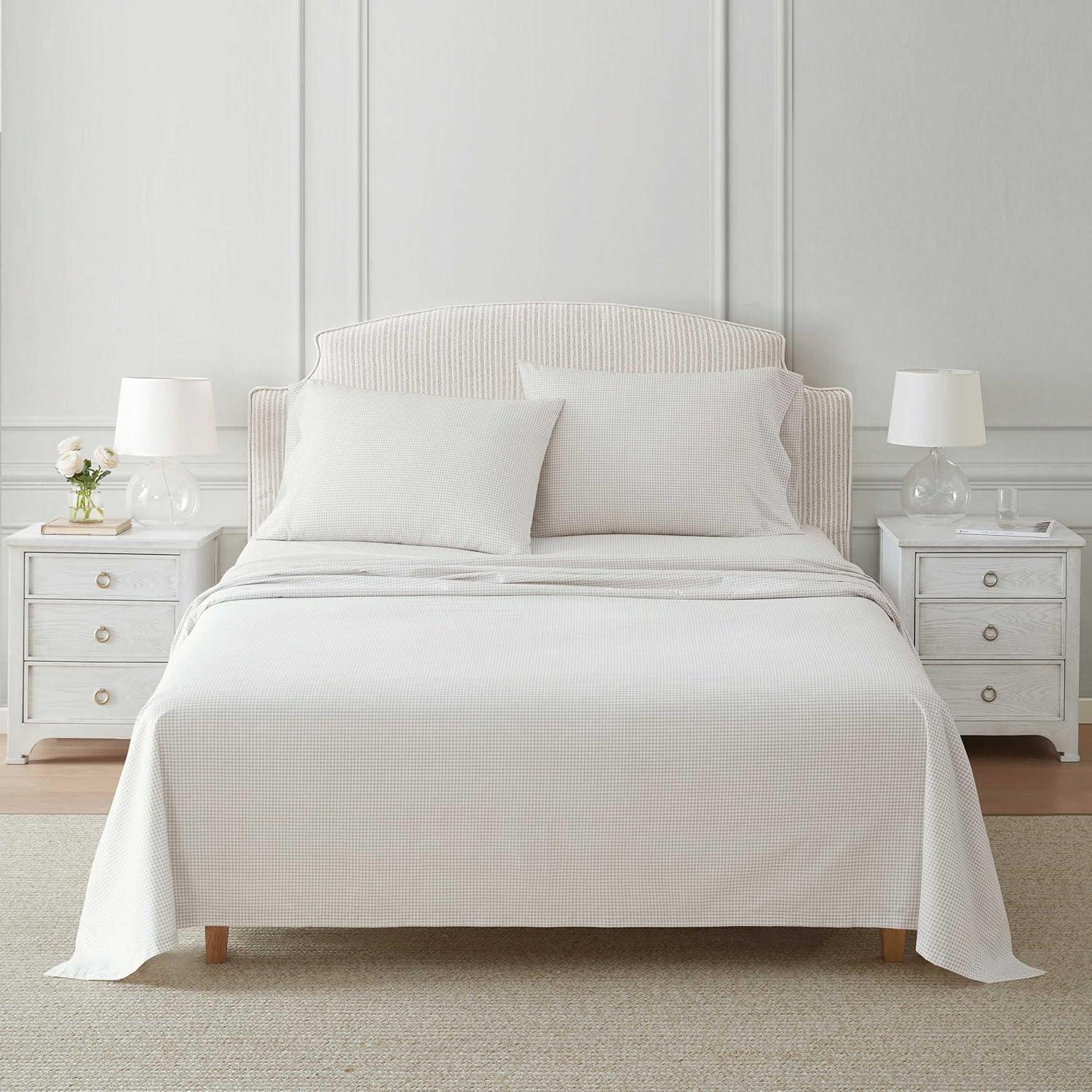 imageMartha Stewart Queen Size Sheets Set Crisp amp Tailored Cooling Sheets wa Naturally Smooth Cotton Percale Lightweight Feel Bed Sheets with Matching Pillowcases amp Fitted Sheet Floral WhiteGingham Beige