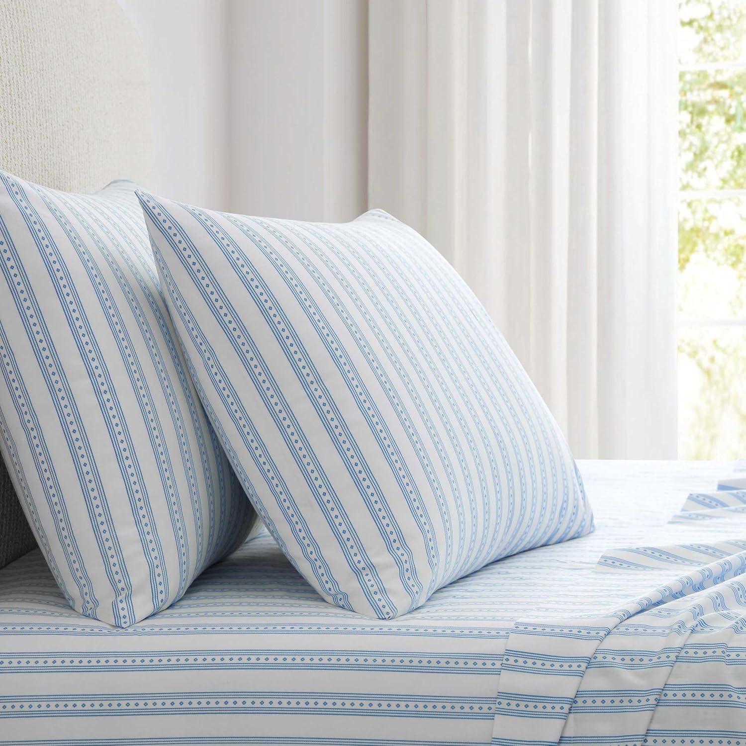 imageMartha Stewart Queen Size Sheets Set Crisp amp Tailored Cooling Sheets wa Naturally Smooth Cotton Percale Lightweight Feel Bed Sheets with Matching Pillowcases amp Fitted Sheet Floral WhiteFrancesca Stripe Blue