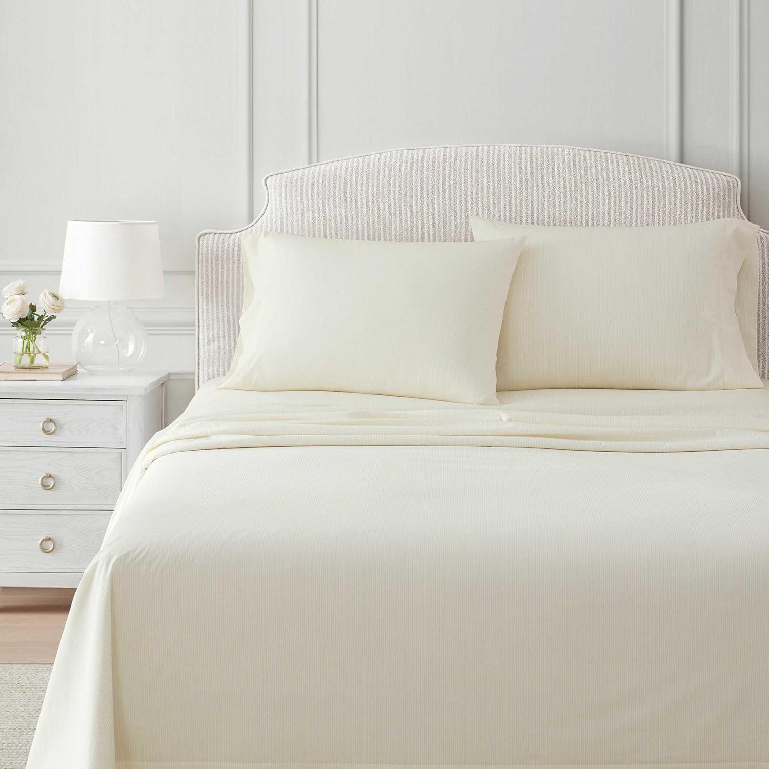 imageMartha Stewart Queen Size Sheets Set Crisp amp Tailored Cooling Sheets wa Naturally Smooth Cotton Percale Lightweight Feel Bed Sheets with Matching Pillowcases amp Fitted Sheet Floral WhiteStripe Yellow