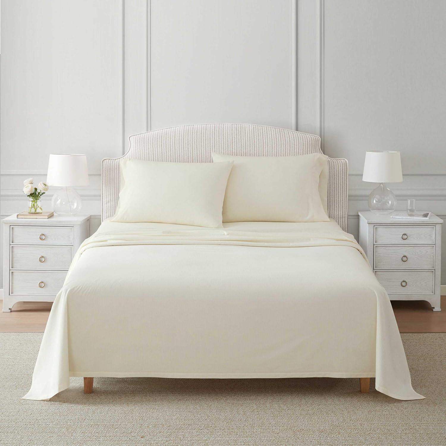 imageMartha Stewart Queen Size Sheets Set Crisp amp Tailored Cooling Sheets wa Naturally Smooth Cotton Percale Lightweight Feel Bed Sheets with Matching Pillowcases amp Fitted Sheet Floral WhiteStripe Yellow