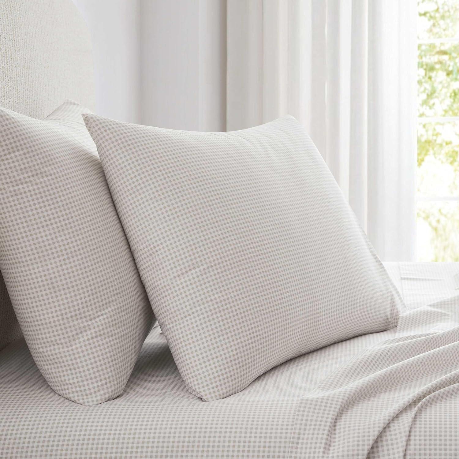 imageMartha Stewart Queen Size Sheets Set Crisp amp Tailored Cooling Sheets wa Naturally Smooth Cotton Percale Lightweight Feel Bed Sheets with Matching Pillowcases amp Fitted Sheet Floral WhiteGingham Beige