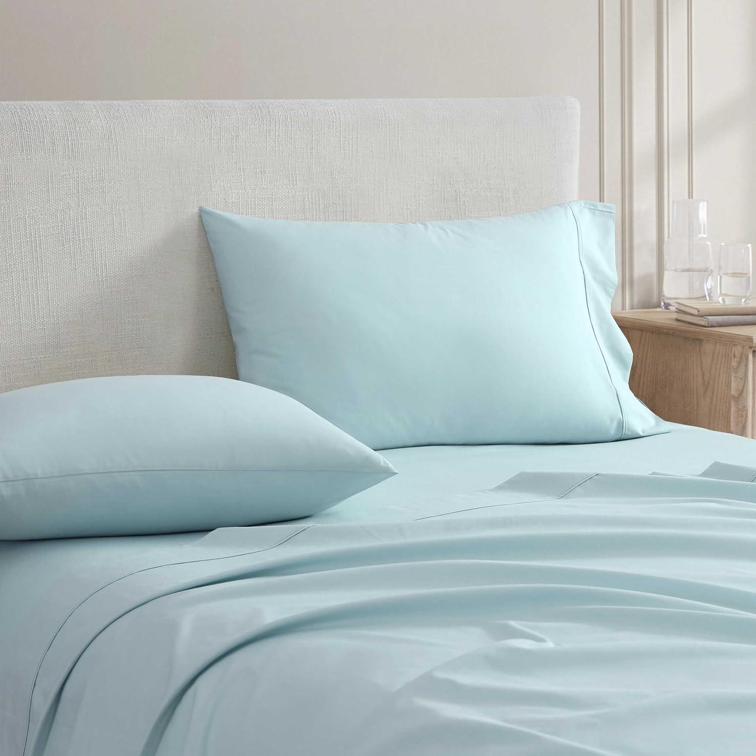 imageMartha Stewart Queen Size Sheets Set Crisp amp Tailored Cooling Sheets wa Naturally Smooth Cotton Percale Lightweight Feel Matching Pillowcases amp Fitted Sheet Skylands Solid WhiteSkylands Solid Blue