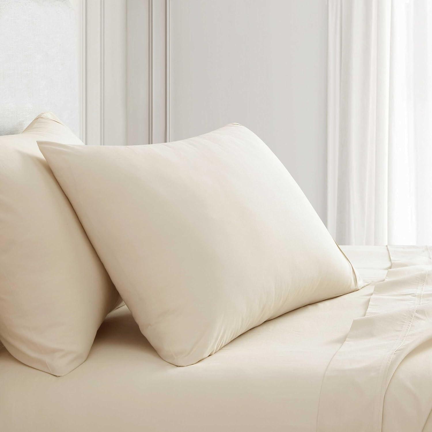 imageMartha Stewart Queen Size Sheets Set Crisp amp Tailored Cooling Sheets wa Naturally Smooth Cotton Percale Lightweight Feel Matching Pillowcases amp Fitted Sheet Skylands Solid WhiteSkylands Solid Beige