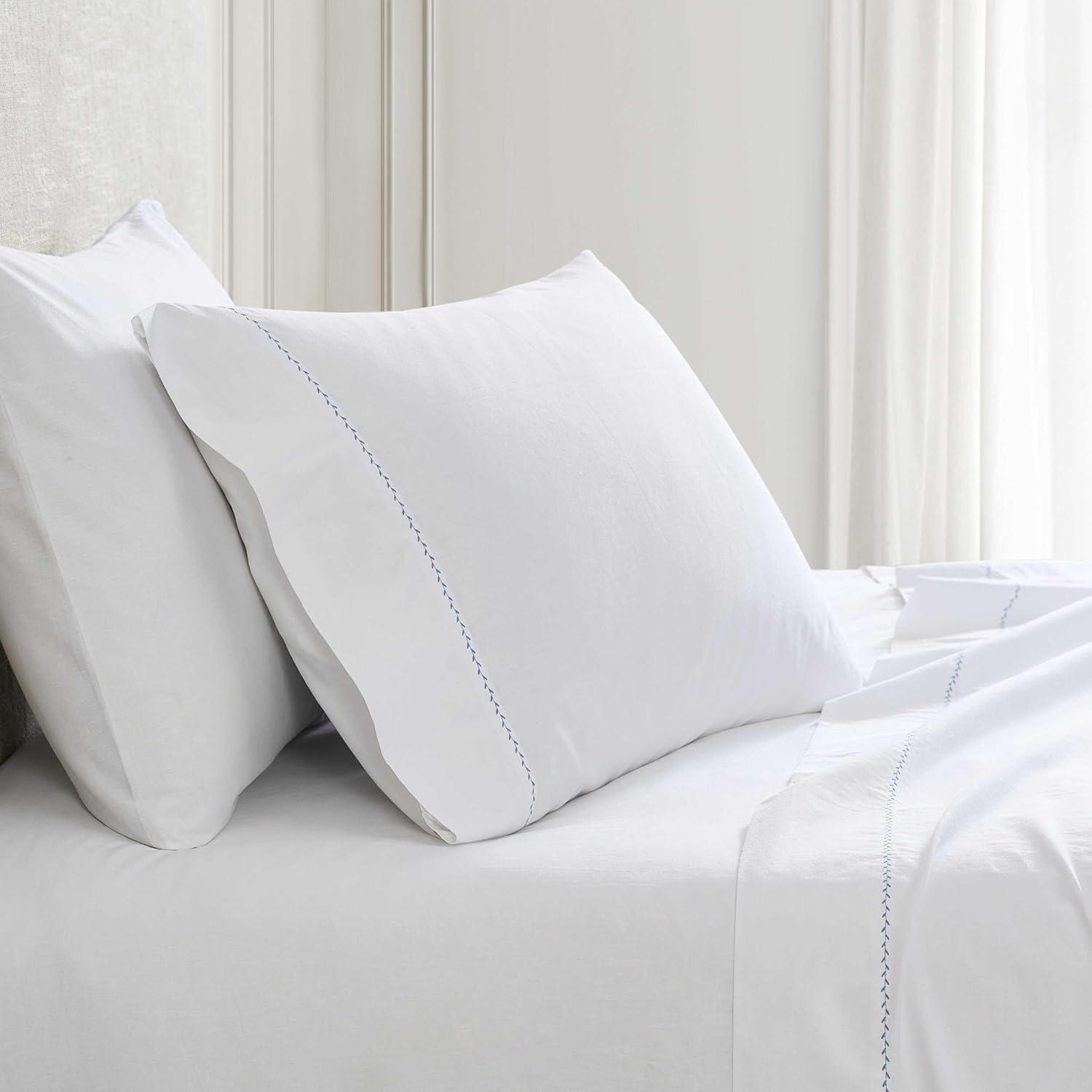 imageMartha Stewart Queen Size Sheets Set Crisp amp Tailored Cooling Sheets wa Naturally Smooth Cotton Percale Lightweight Feel Matching Pillowcases amp Fitted Sheet Skylands Solid WhiteLilly Pond Leaf Blue