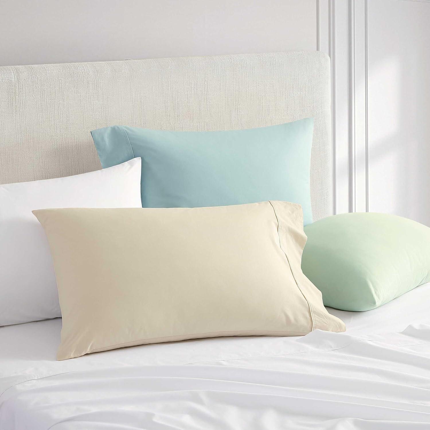 imageMartha Stewart Queen Size Sheets Set Crisp amp Tailored Cooling Sheets wa Naturally Smooth Cotton Percale Lightweight Feel Matching Pillowcases amp Fitted Sheet Skylands Solid WhiteSkylands Solid Beige