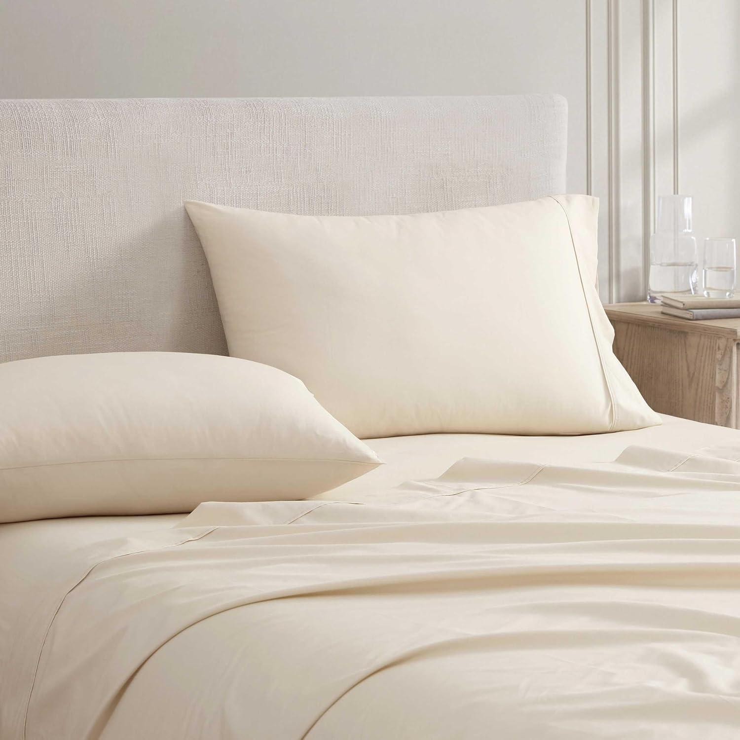 imageMartha Stewart Queen Size Sheets Set Crisp amp Tailored Cooling Sheets wa Naturally Smooth Cotton Percale Lightweight Feel Matching Pillowcases amp Fitted Sheet Skylands Solid WhiteSkylands Solid Beige