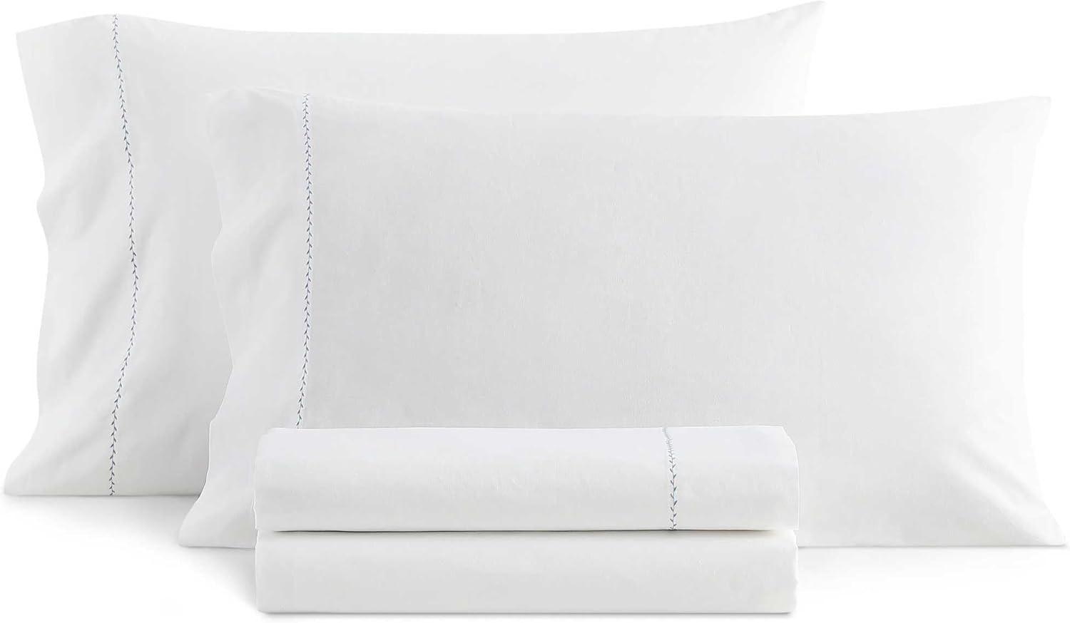 imageMartha Stewart Queen Size Sheets Set Crisp amp Tailored Cooling Sheets wa Naturally Smooth Cotton Percale Lightweight Feel Matching Pillowcases amp Fitted Sheet Skylands Solid WhiteLilly Pond Leaf Blue