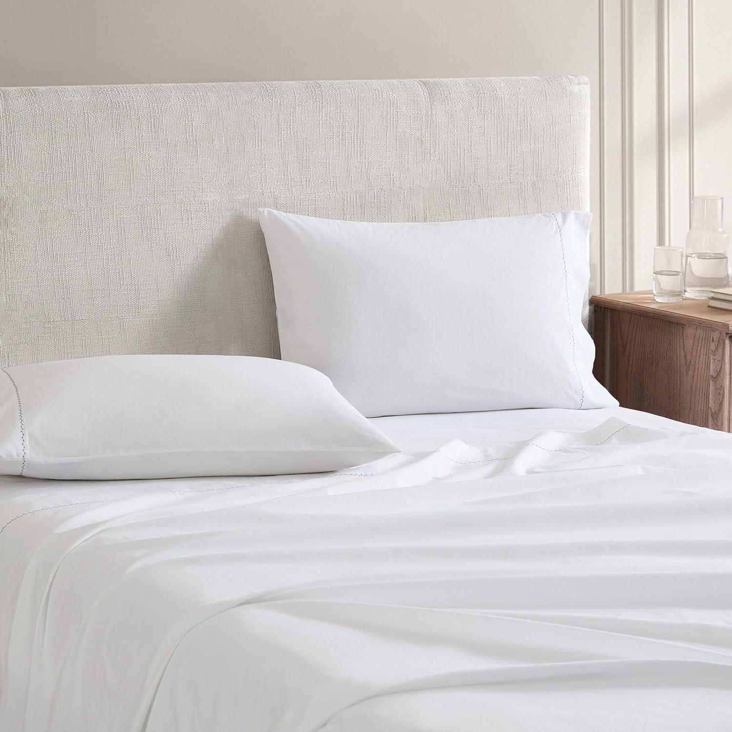 imageMartha Stewart Queen Size Sheets Set Crisp amp Tailored Cooling Sheets wa Naturally Smooth Cotton Percale Lightweight Feel Matching Pillowcases amp Fitted Sheet Skylands Solid WhiteLilly Pond Leaf Blue