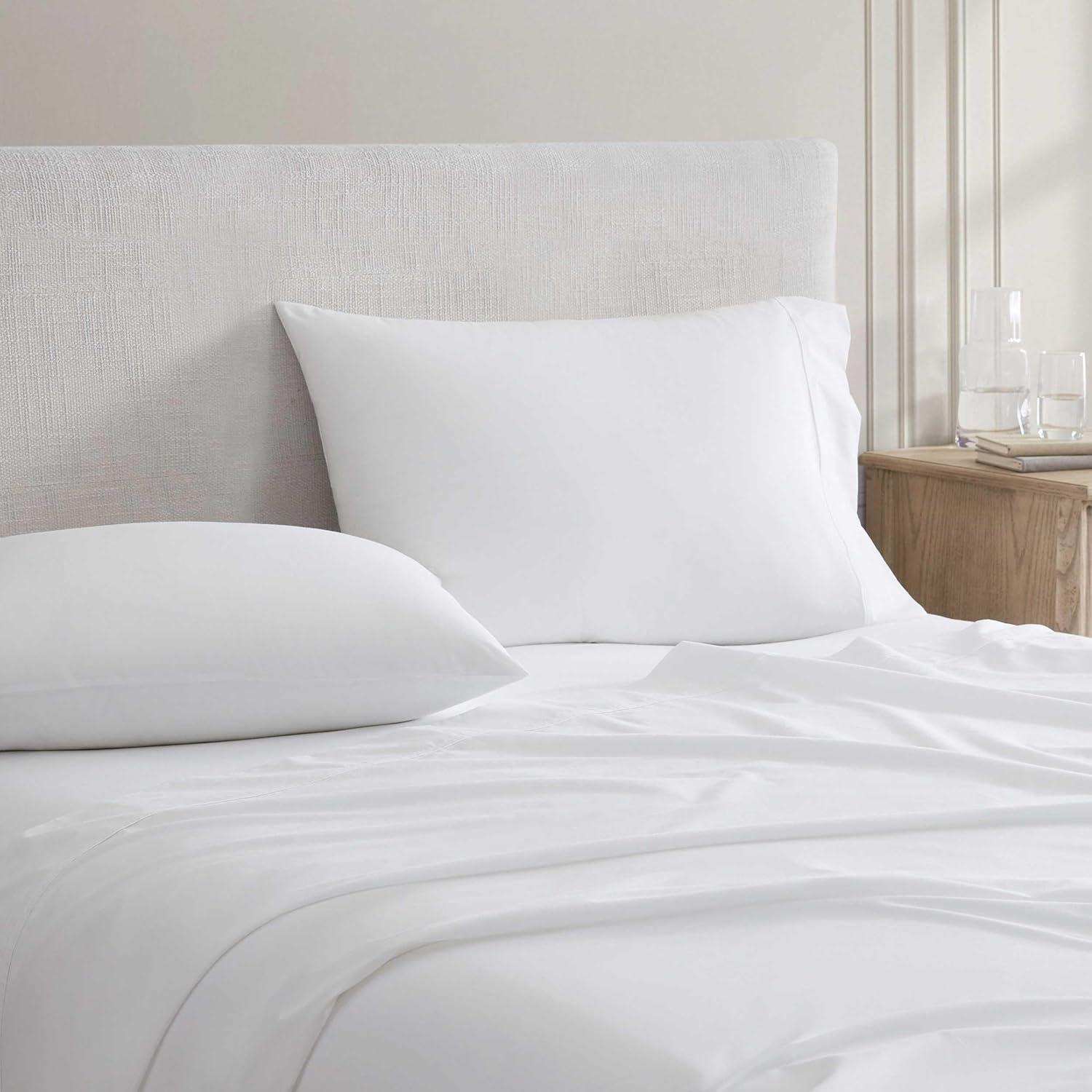 imageMartha Stewart Queen Size Sheets Set Crisp amp Tailored Cooling Sheets wa Naturally Smooth Cotton Percale Lightweight Feel Matching Pillowcases amp Fitted Sheet Skylands Solid WhiteSkylands Solid White