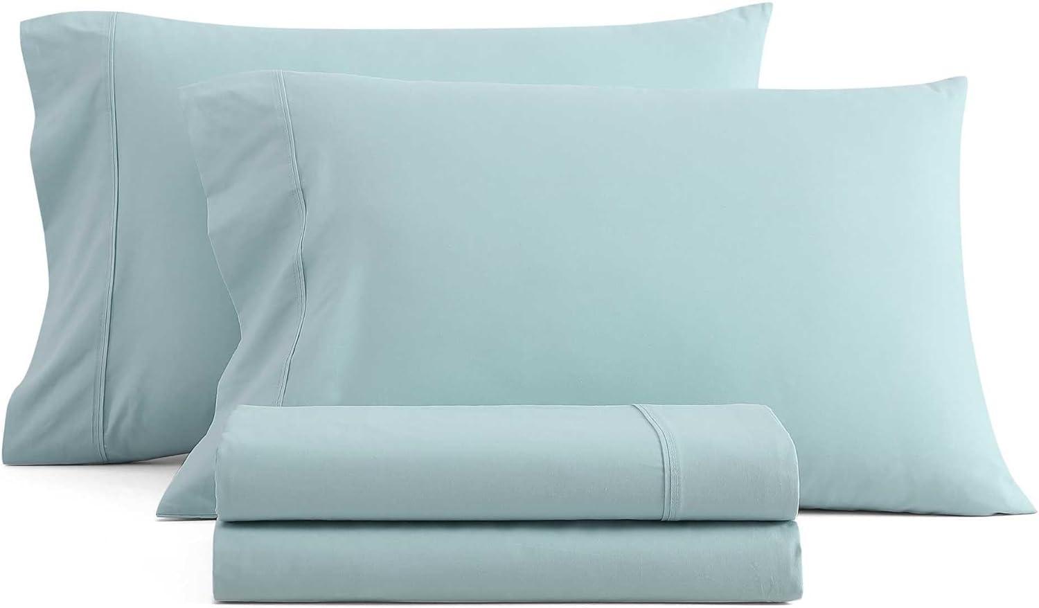 imageMartha Stewart Queen Size Sheets Set Crisp amp Tailored Cooling Sheets wa Naturally Smooth Cotton Percale Lightweight Feel Matching Pillowcases amp Fitted Sheet Skylands Solid WhiteSkylands Solid Blue