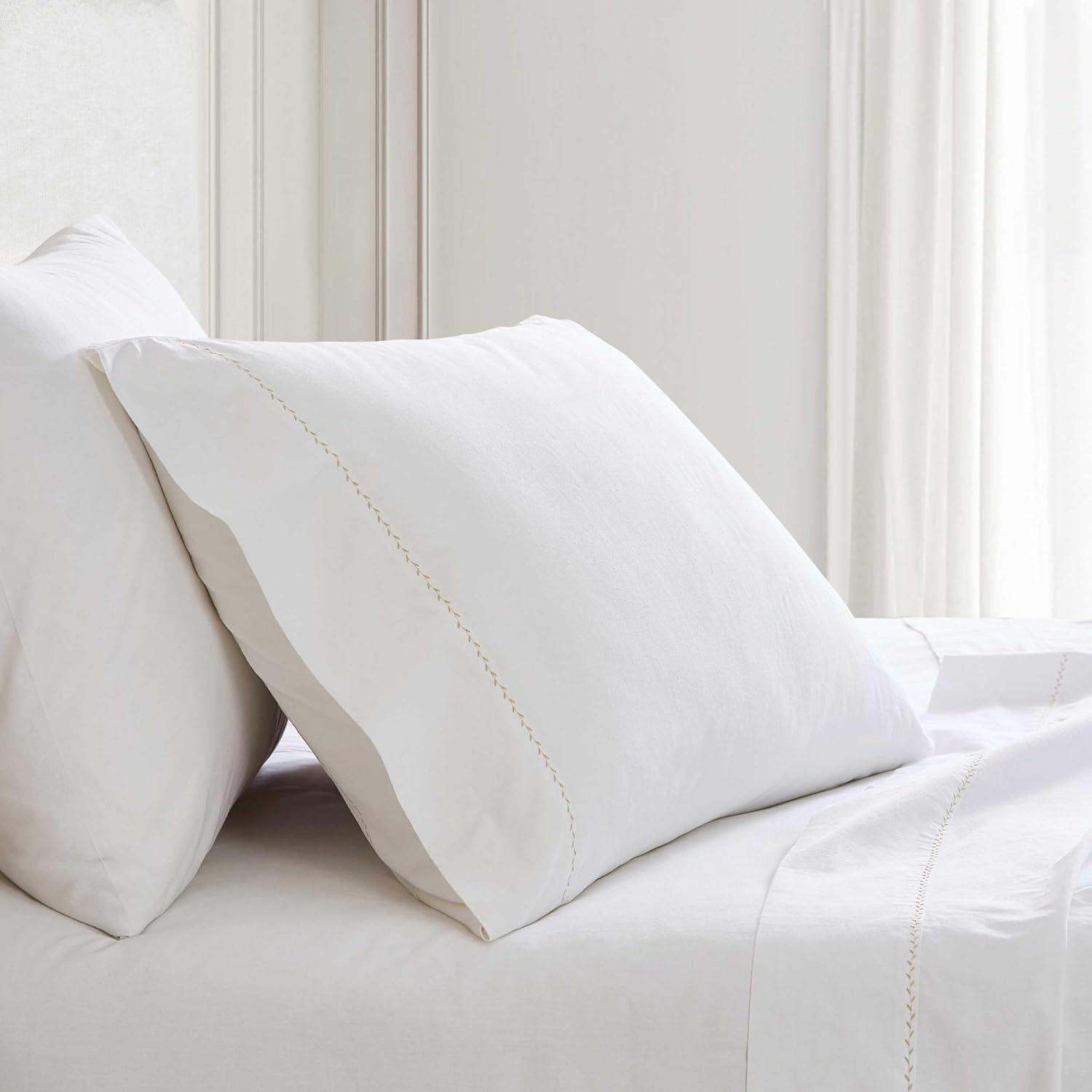 imageMartha Stewart Queen Size Sheets Set Crisp amp Tailored Cooling Sheets wa Naturally Smooth Cotton Percale Lightweight Feel Matching Pillowcases amp Fitted Sheet Skylands Solid WhiteLilly Pond Leaf Beige