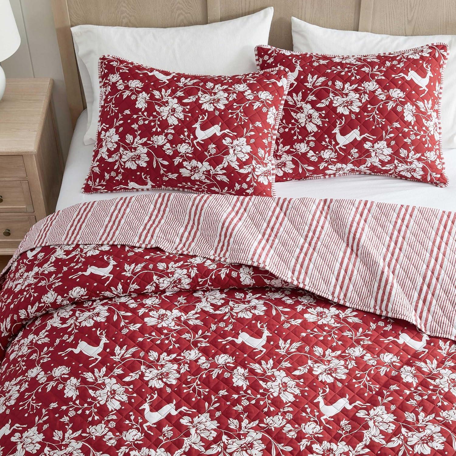 imageMartha Stewart Twin Quilt Set Classic Quilted Bedding Lightweight Incredibly Soft amp Wrinkle Resistant Quilt with Matching Pillowcases 2 Piece Bed Set Dancing Deer RedDancing Deer Red