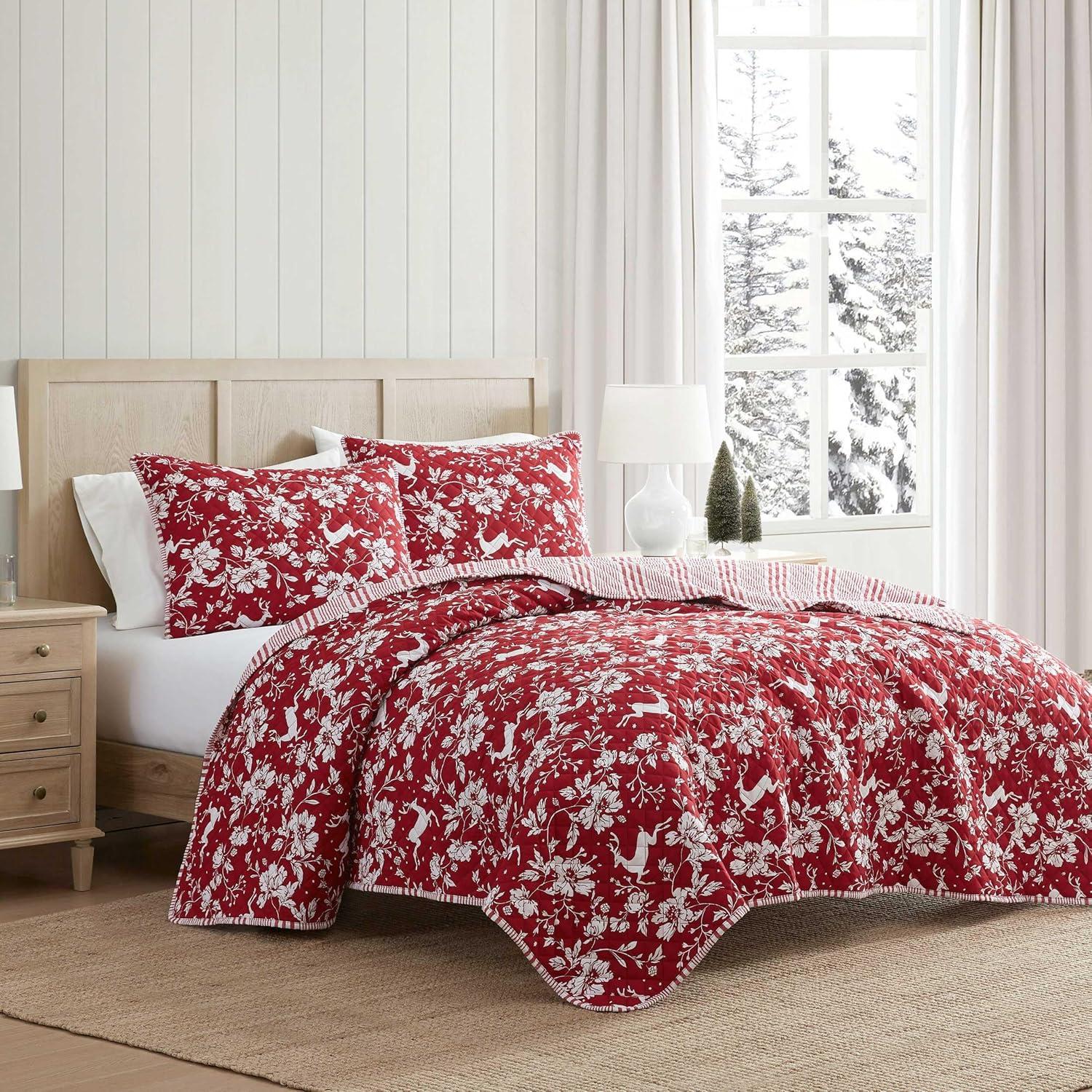 imageMartha Stewart Twin Quilt Set Classic Quilted Bedding Lightweight Incredibly Soft amp Wrinkle Resistant Quilt with Matching Pillowcases 2 Piece Bed Set Dancing Deer RedDancing Deer Red