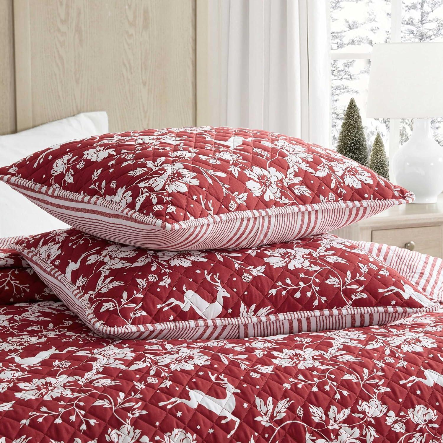 imageMartha Stewart Twin Quilt Set Classic Quilted Bedding Lightweight Incredibly Soft amp Wrinkle Resistant Quilt with Matching Pillowcases 2 Piece Bed Set Dancing Deer RedDancing Deer Red