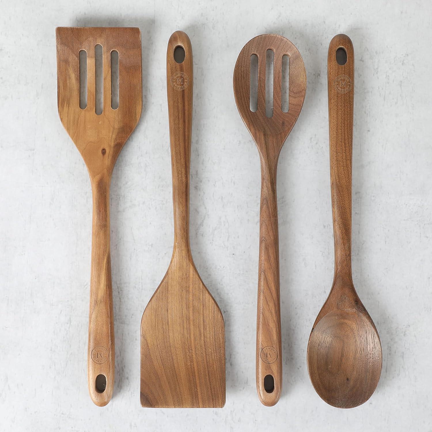 imageMartha Stewart Bainford 4Piece Wooden Kitchen Utensil Set Walnut Cooking Spoons and Turner Tools for Nonstick Cookware Heat Resistant Durable Hardwood
