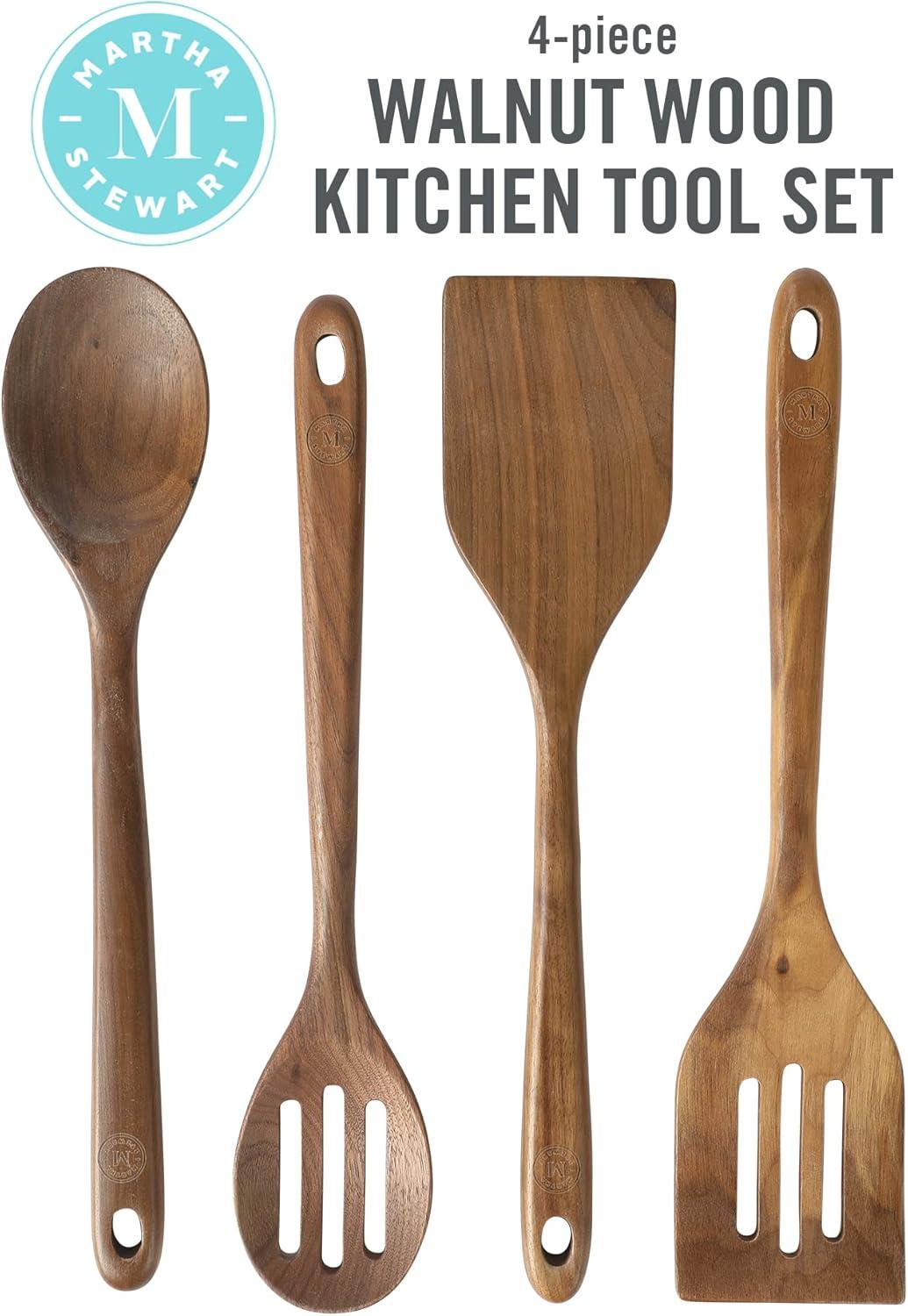 imageMartha Stewart Bainford 4Piece Wooden Kitchen Utensil Set Walnut Cooking Spoons and Turner Tools for Nonstick Cookware Heat Resistant Durable Hardwood