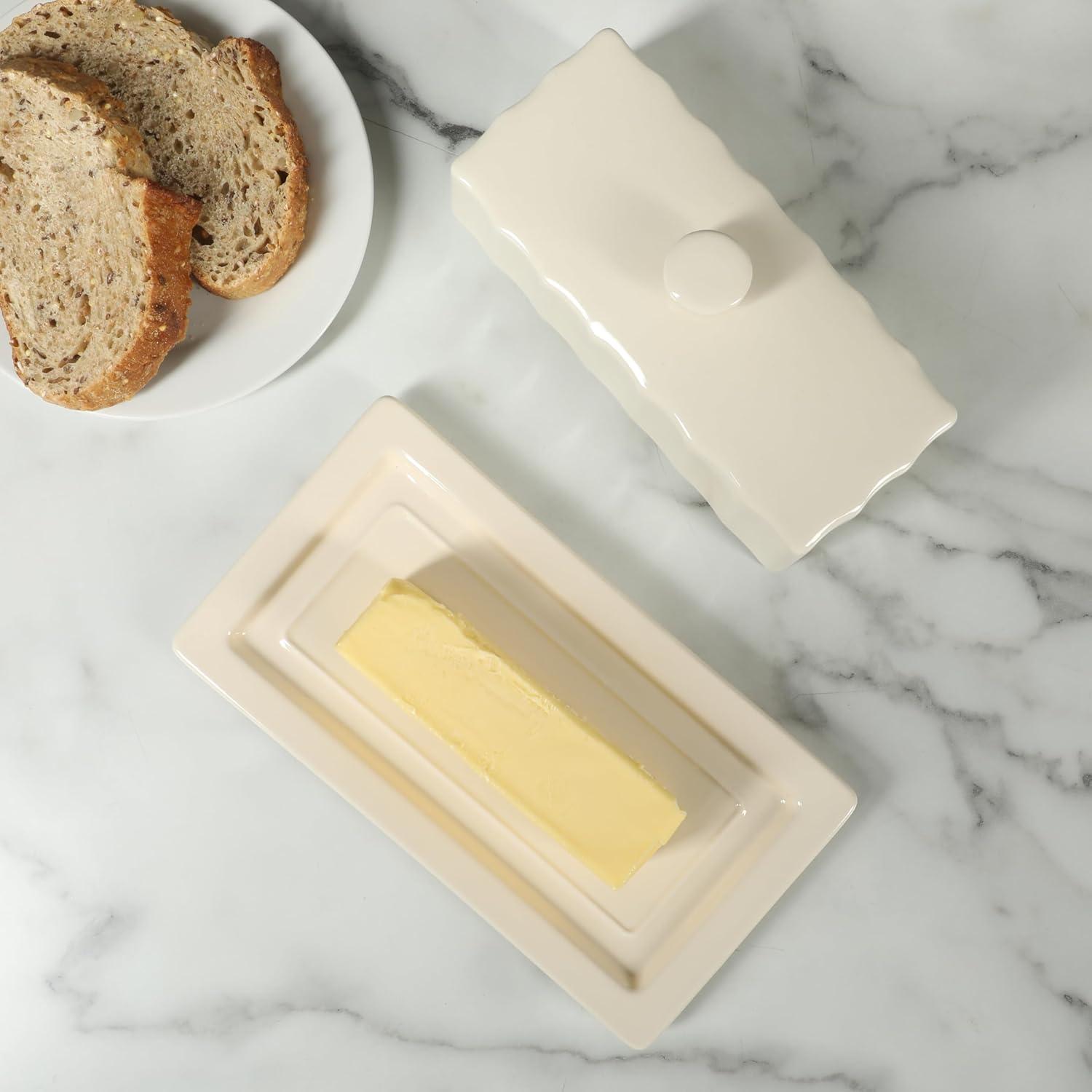 imageMartha Stewart Broadbrook Stoneware Butter Dish with Lid Rectangular Covered Butter Keeper 81 x 44 x 3 Inches Classic Cream Glaze Dishwasher Safe Ceramic Storage for Counter or Table