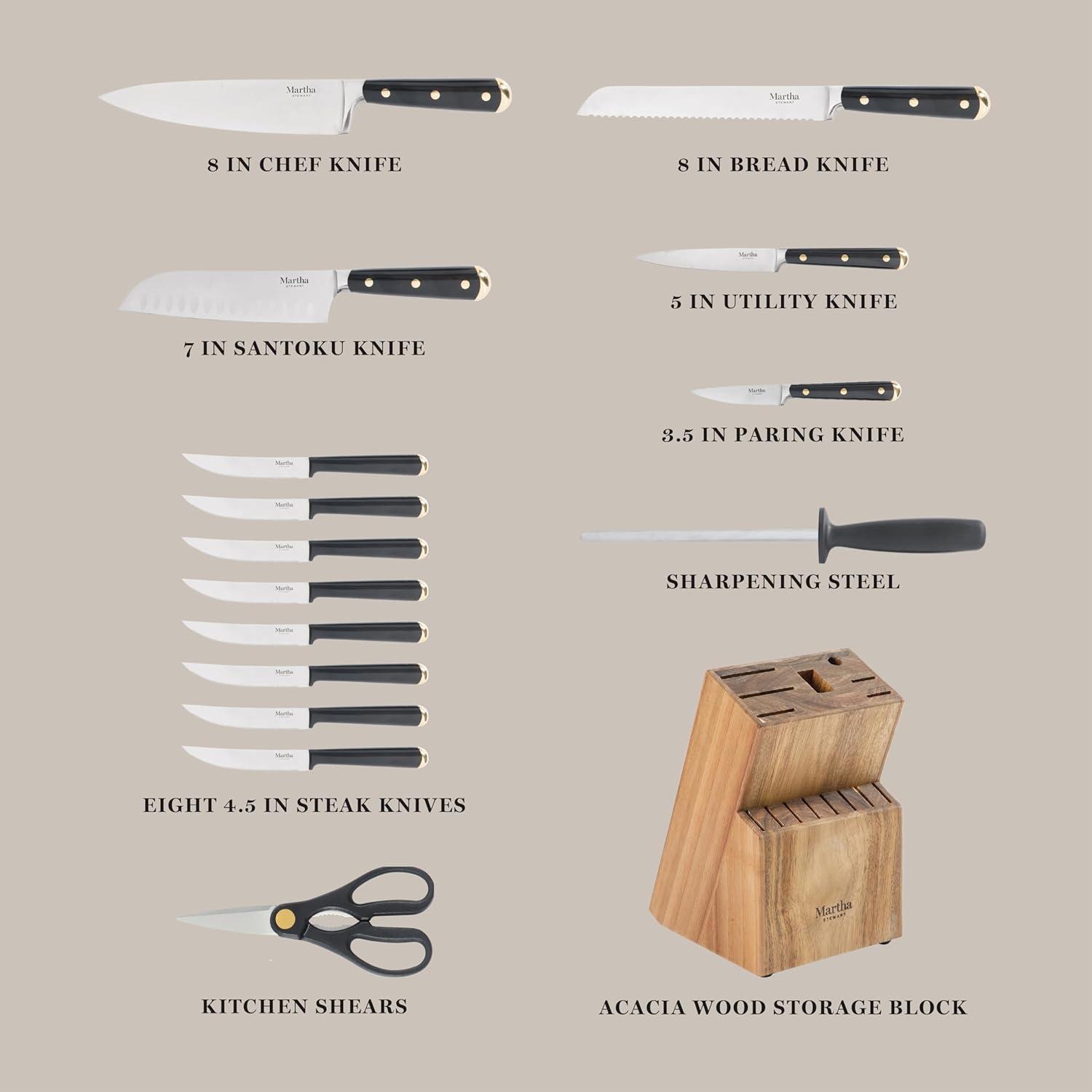 imageMartha Stewart Carverton 6 Cleaver Knife High Carbon Stainless Steel Kitchen Knives wBlack Triple Riveted HandleBlack W Gold Knife Block