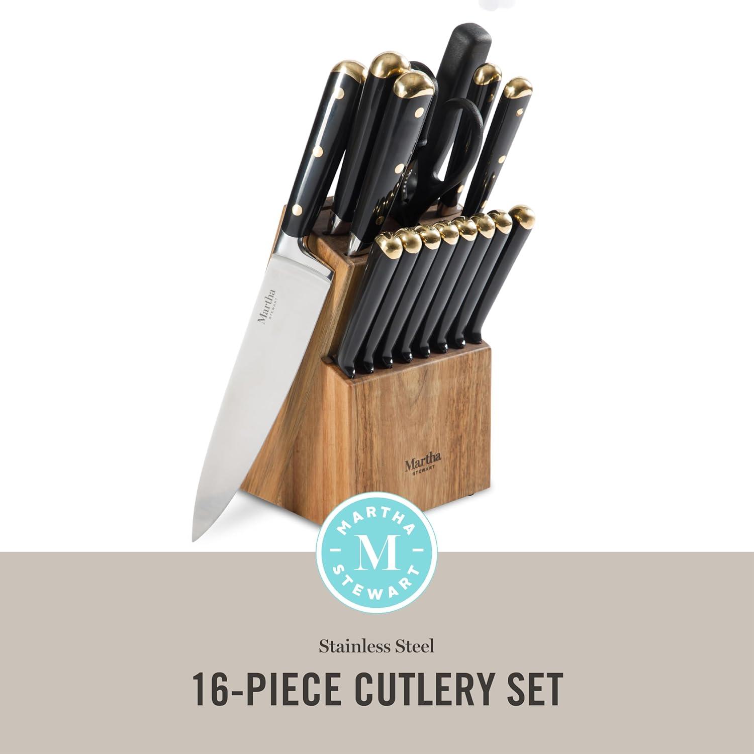 imageMartha Stewart Carverton 6 Cleaver Knife High Carbon Stainless Steel Kitchen Knives wBlack Triple Riveted HandleBlack W Gold Knife Block