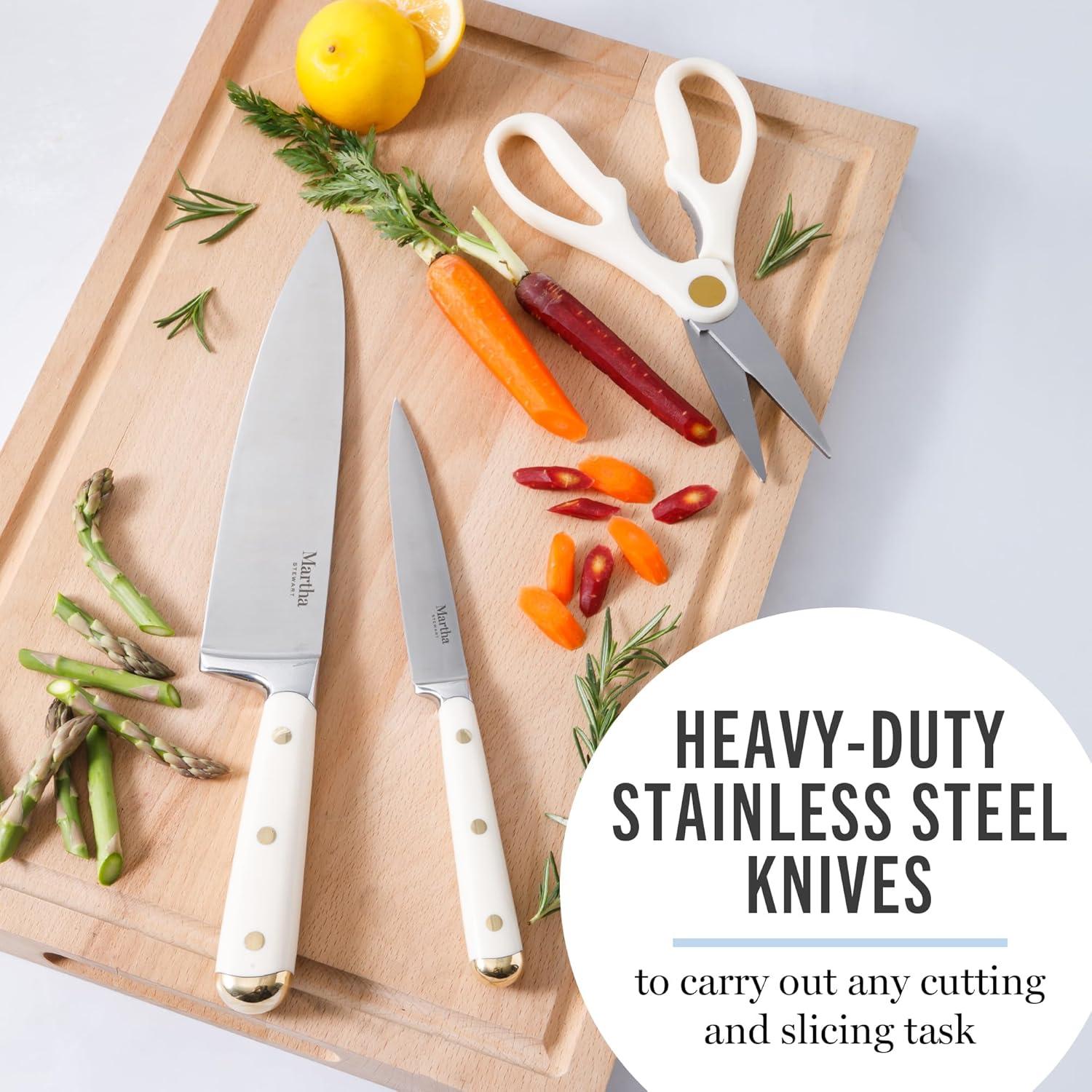 imageMartha Stewart Carverton 6 Cleaver Knife High Carbon Stainless Steel Kitchen Knives wBlack Triple Riveted HandleLinen W Gold Knife Block