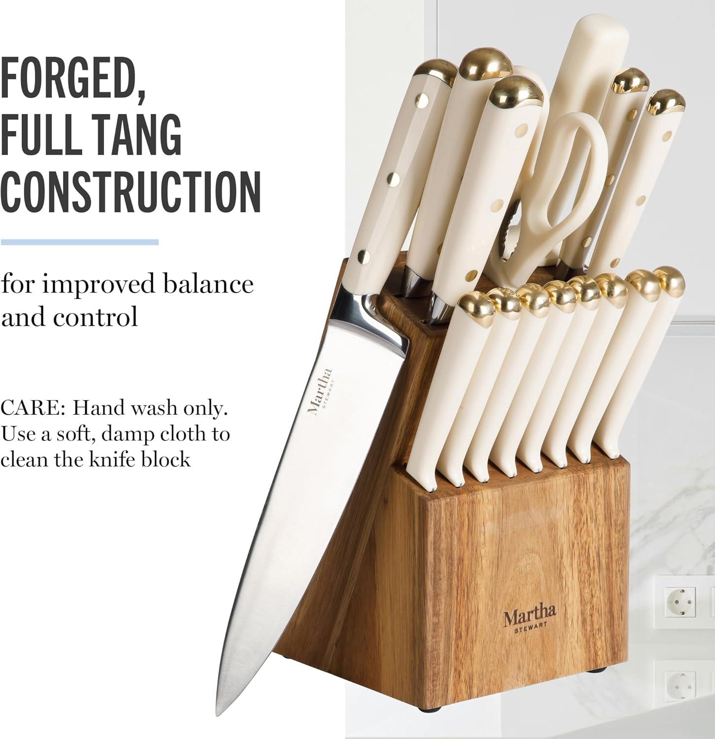 imageMartha Stewart Carverton 6 Cleaver Knife High Carbon Stainless Steel Kitchen Knives wBlack Triple Riveted HandleLinen W Gold Knife Block