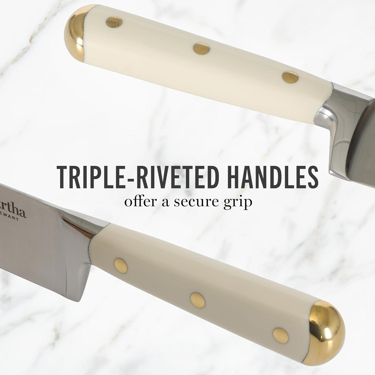 imageMartha Stewart Carverton 6 Cleaver Knife High Carbon Stainless Steel Kitchen Knives wBlack Triple Riveted HandleLinen W Gold Knife Block
