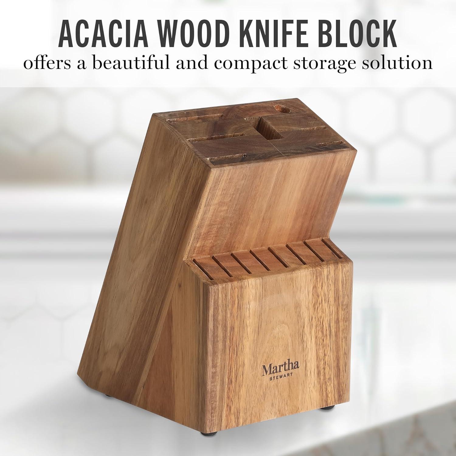 imageMartha Stewart Carverton 6 Cleaver Knife High Carbon Stainless Steel Kitchen Knives wBlack Triple Riveted HandleLinen W Gold Knife Block