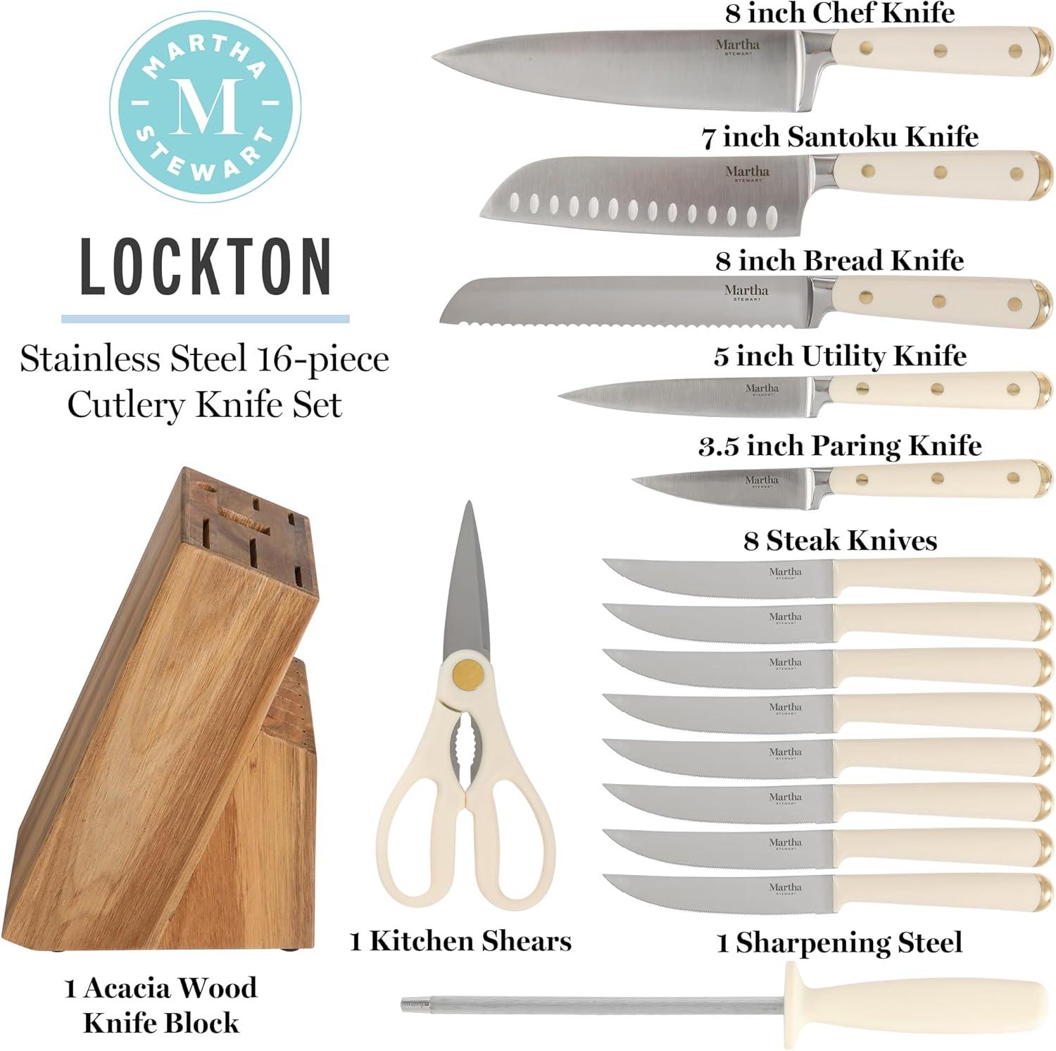 imageMartha Stewart Carverton 6 Cleaver Knife High Carbon Stainless Steel Kitchen Knives wBlack Triple Riveted HandleLinen W Gold Knife Block