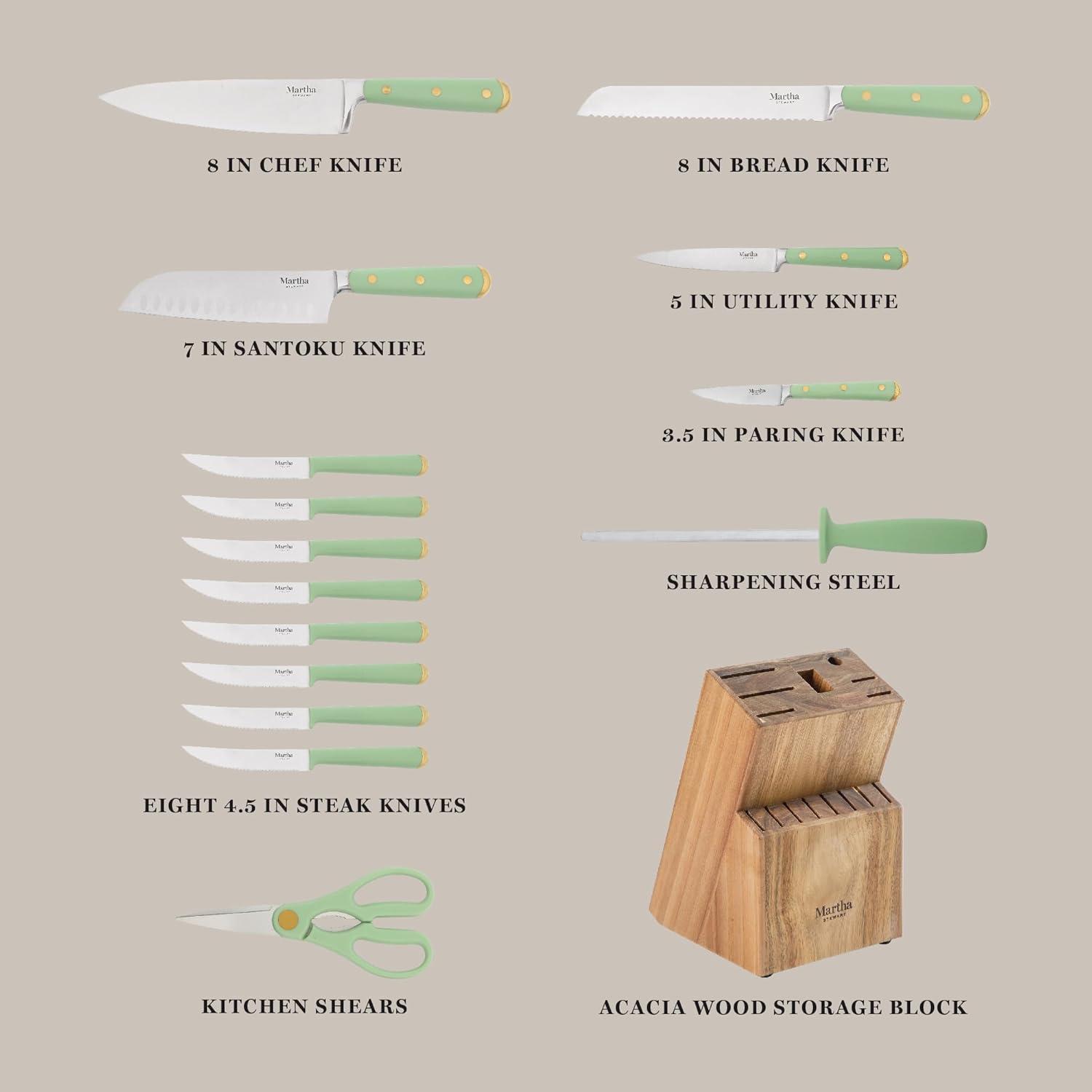imageMartha Stewart Carverton 6 Cleaver Knife High Carbon Stainless Steel Kitchen Knives wBlack Triple Riveted HandleSage Green W Gold Knife Block