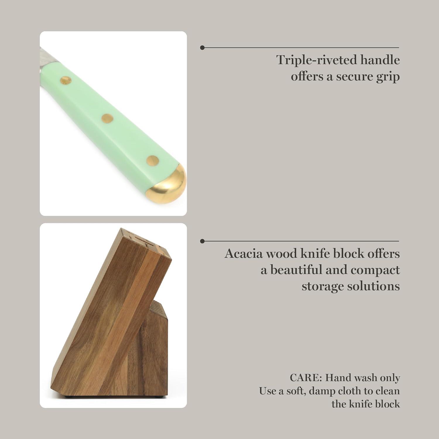 imageMartha Stewart Carverton 6 Cleaver Knife High Carbon Stainless Steel Kitchen Knives wBlack Triple Riveted HandleSage Green W Gold Knife Block