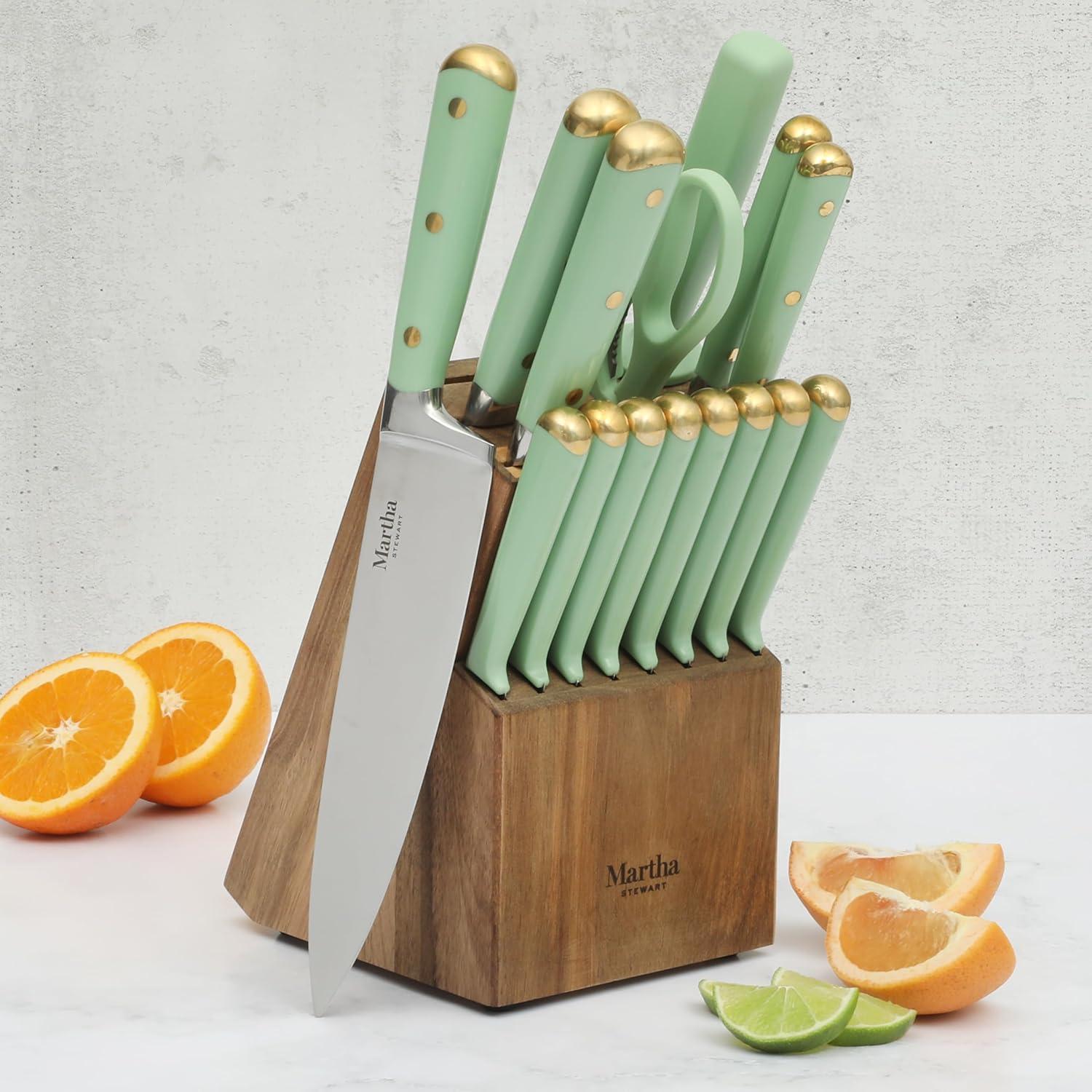 imageMartha Stewart Carverton 6 Cleaver Knife High Carbon Stainless Steel Kitchen Knives wBlack Triple Riveted HandleSage Green W Gold Knife Block