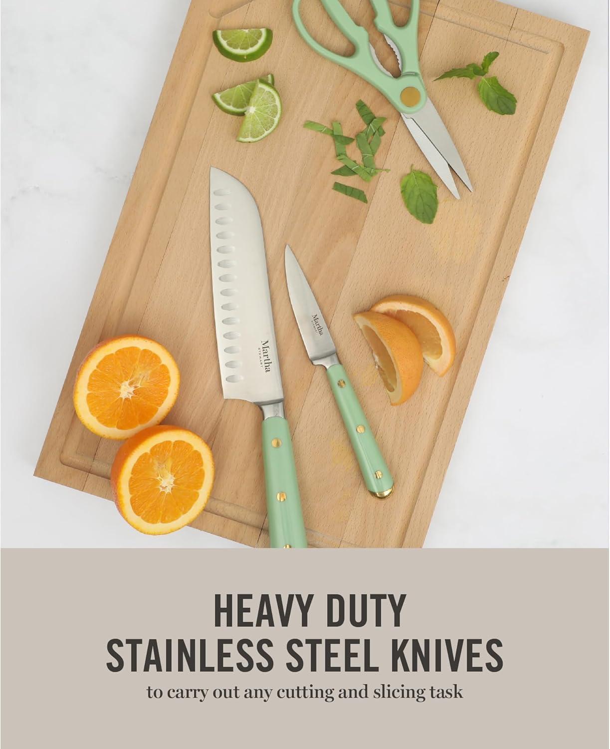 imageMartha Stewart Carverton 6 Cleaver Knife High Carbon Stainless Steel Kitchen Knives wBlack Triple Riveted HandleSage Green W Gold Knife Block