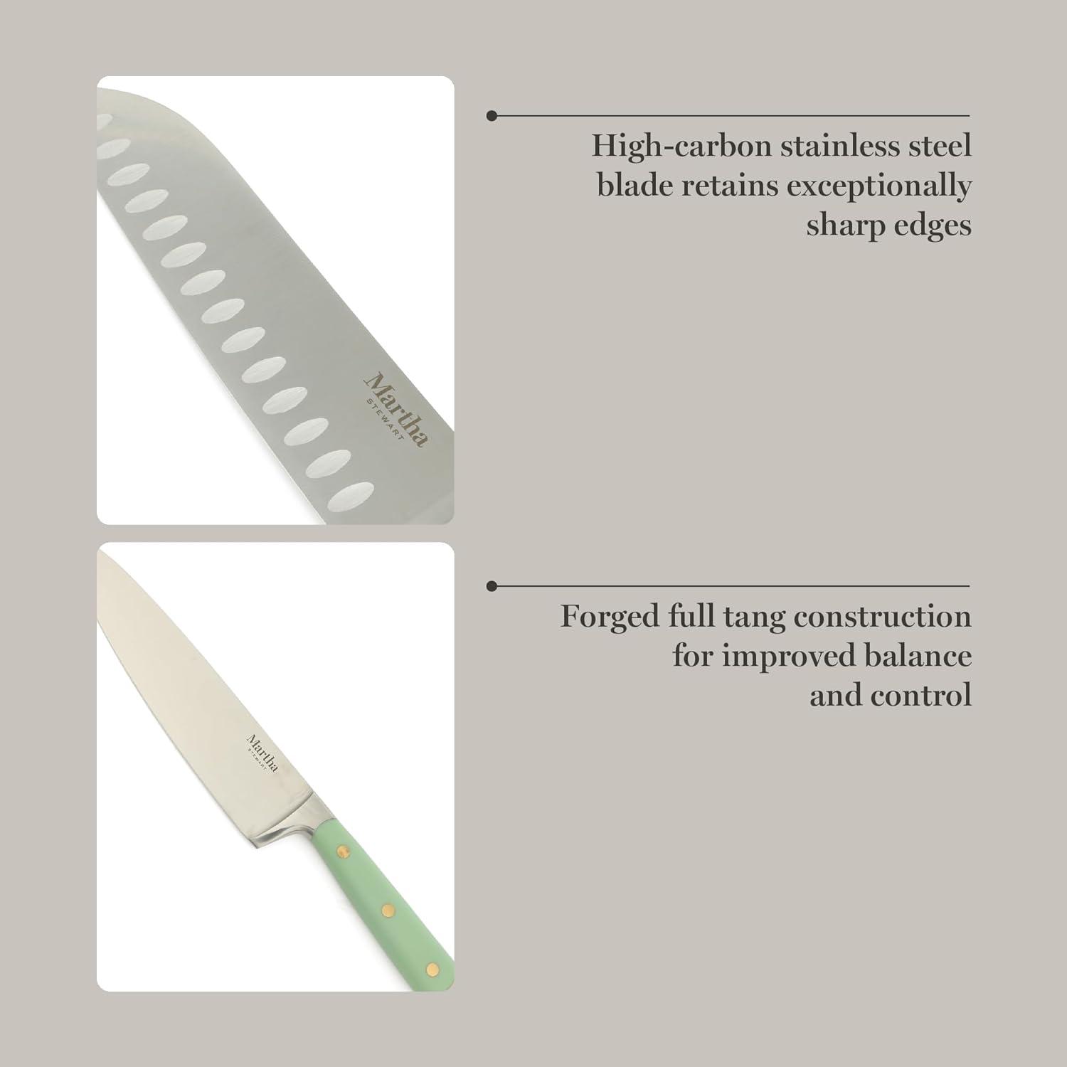 imageMartha Stewart Carverton 6 Cleaver Knife High Carbon Stainless Steel Kitchen Knives wBlack Triple Riveted HandleSage Green W Gold Knife Block