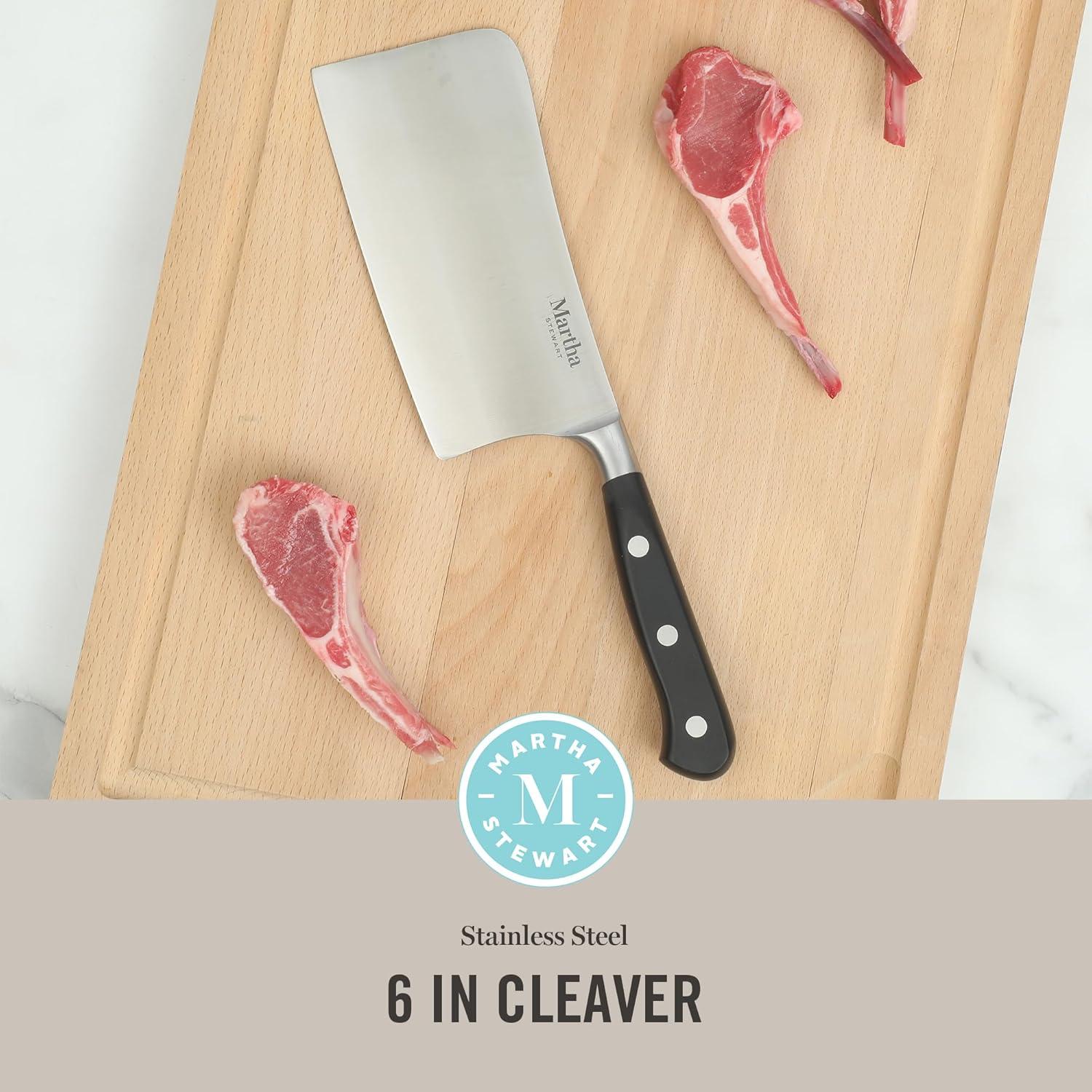 imageMartha Stewart Carverton 6 Cleaver Knife High Carbon Stainless Steel Kitchen Knives wBlack Triple Riveted HandleStainless Steel Black Cleaver