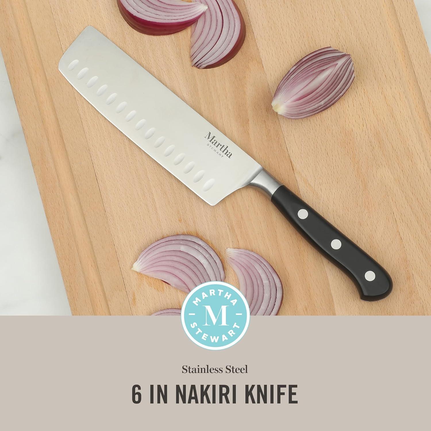 imageMartha Stewart Carverton 6 Cleaver Knife High Carbon Stainless Steel Kitchen Knives wBlack Triple Riveted HandleStainless Steel Black Nakiri