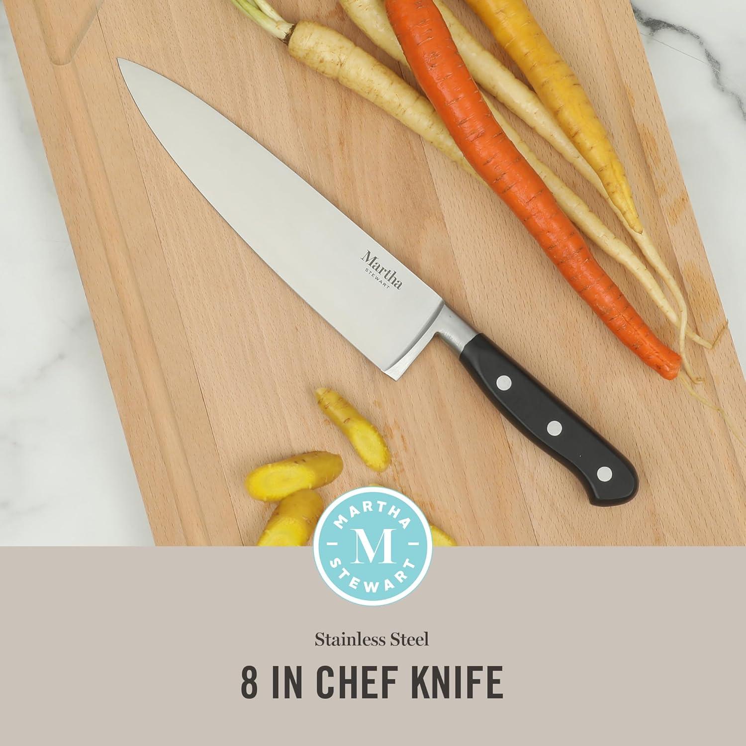 imageMartha Stewart Carverton 8 Chef Knife High Carbon Stainless Steel Kitchen Knives wBlack Triple Riveted HandleStainless Steel Blade Black Handle Chefs Knife