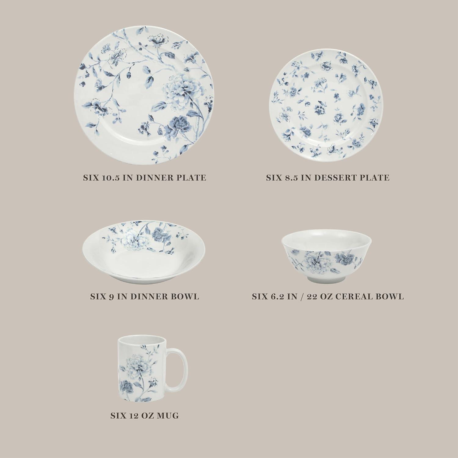 imageMartha Stewart Empress Bouquet 12Piece Decorated Porcelain Chip and Scratch Resistant Dinnerware Plates and Bowls Set Pink FloralBlue Floral