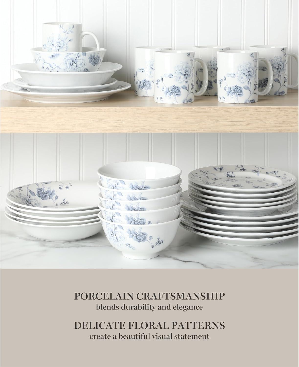 imageMartha Stewart Empress Bouquet 12Piece Decorated Porcelain Chip and Scratch Resistant Dinnerware Plates and Bowls Set Pink FloralBlue Floral