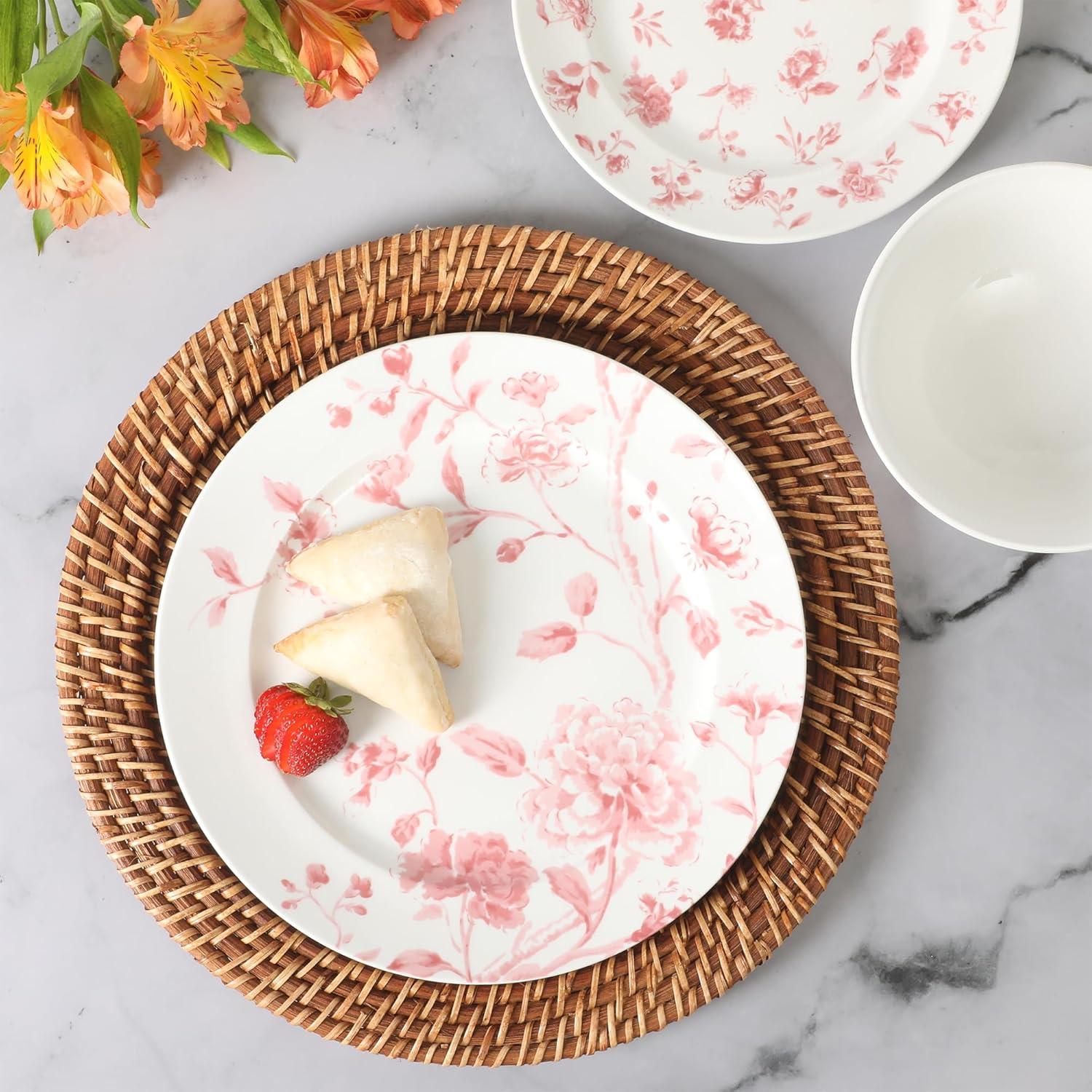 imageMartha Stewart Empress Bouquet 12Piece Decorated Porcelain Chip and Scratch Resistant Dinnerware Plates and Bowls Set Pink FloralPink Floral